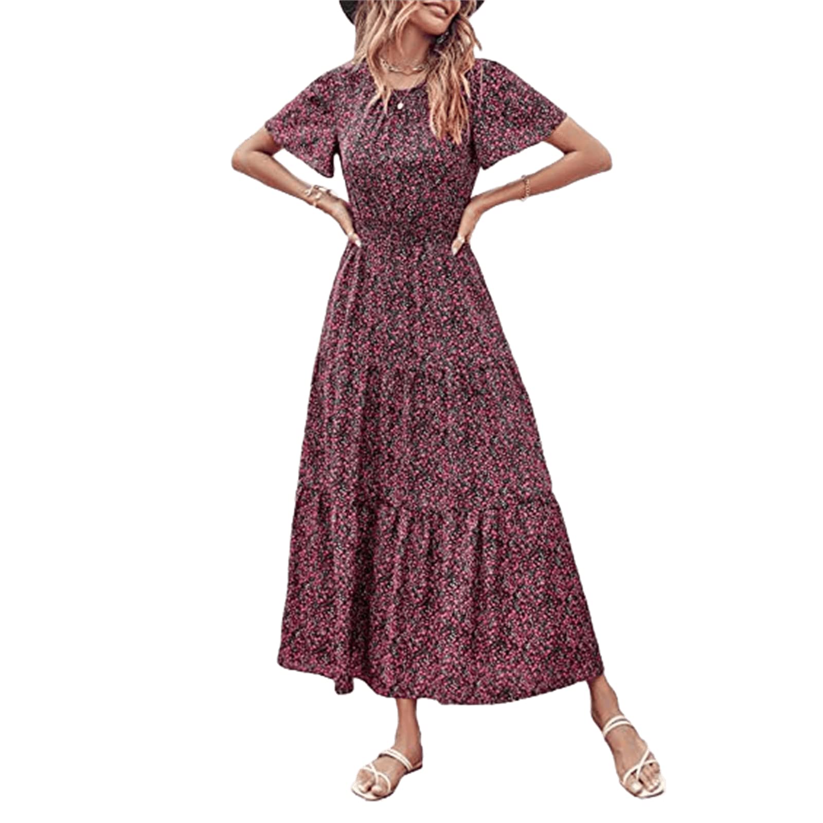 Women's Casual Summer Dresses - Floral Midi Bohemian Smocked Dress with Crew Neck & Short Sleeve | Perfect for Spring Parties, Beach Vacations & Summer Outings