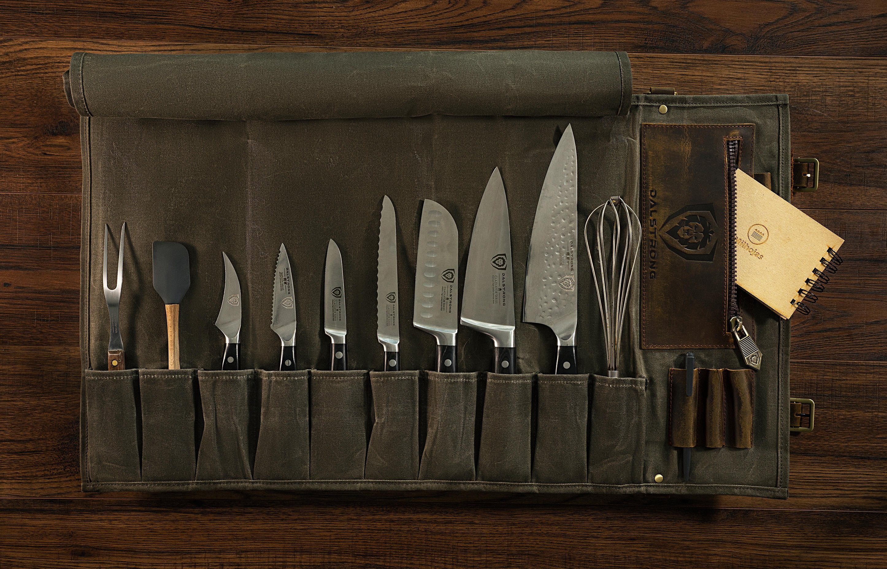 12oz Heavy Duty Canvas & Leather Knife Roll - Army Green - Dalstrong Nomad Series | Perfect for Chefs, Butchers & Culinary Professionals | Portable & Durable Knife Storage Solution