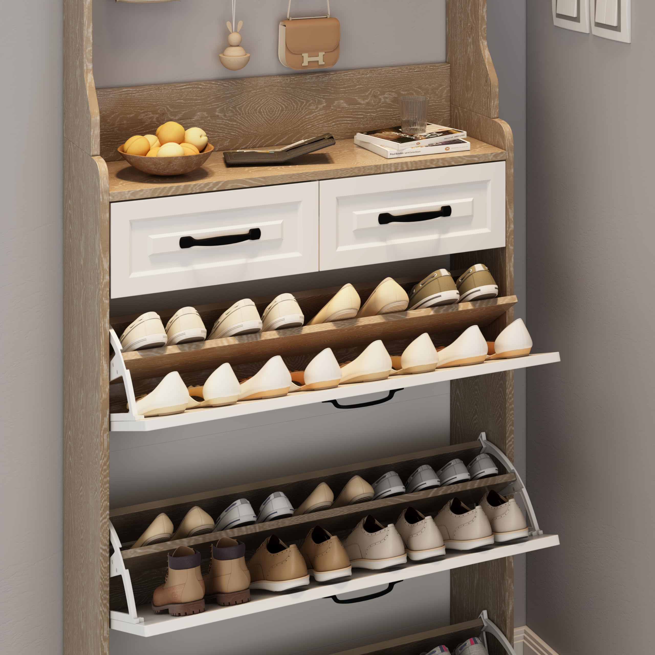 Olela Multi-Functional Shoe Cabinet - Space Saving Narrow Entryway Shoe Organizer with 3 Flip Drawers & Open Shelves | Freestanding Storage for Shoes, Hats & Accessories | Perfect for Small Apartments, Closets & Entryways