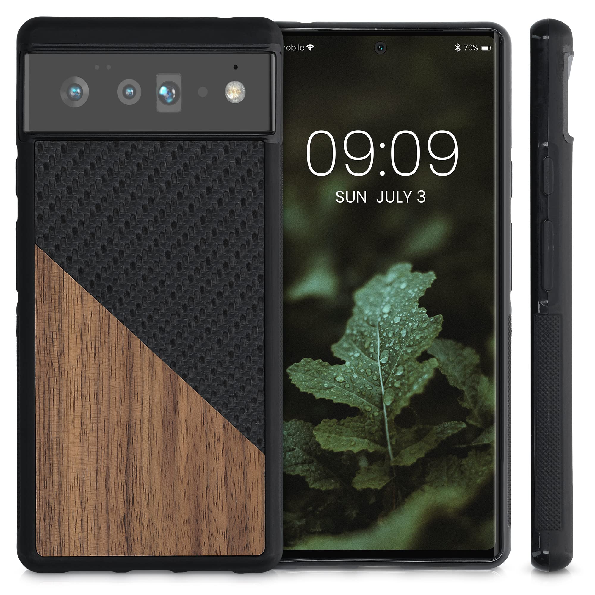 Google Pixel 6 Pro Case - Wood/Carbon Hard Cover with TPU Bumper - Dark Brown/Black - Protective Phone Cover for Daily Use