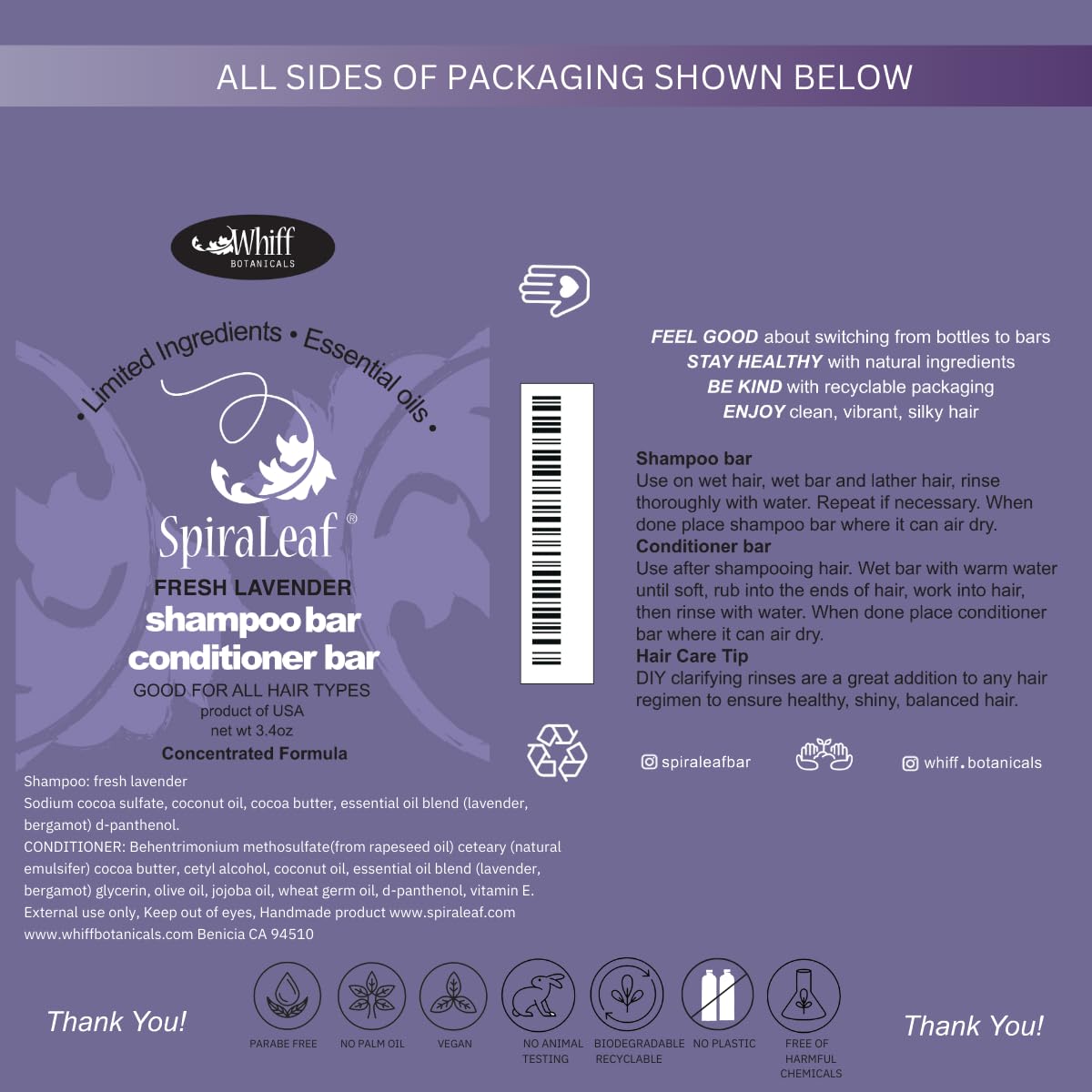 SpiraLeaf Shampoo Bar & Conditioner Bar Set with Fresh Lavender Essential Oils | Light Scent, Limited Ingredients, Concentrated Formula | Zero Waste, Travel-Friendly Hair Care | Made in USA | Perfect for Eco-Conscious Travelers & Sustainable Home Use