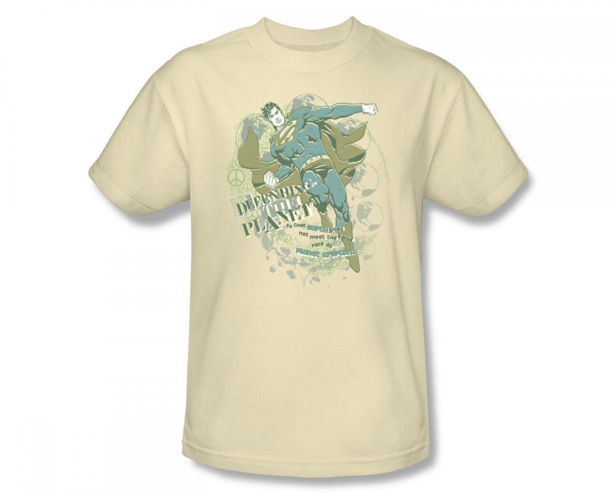 Superman - Defending The Planet Adult T-Shirt in Cream | DC Comics Superhero Graphic Tee for Men | Casual Wear & Cosplay Costume