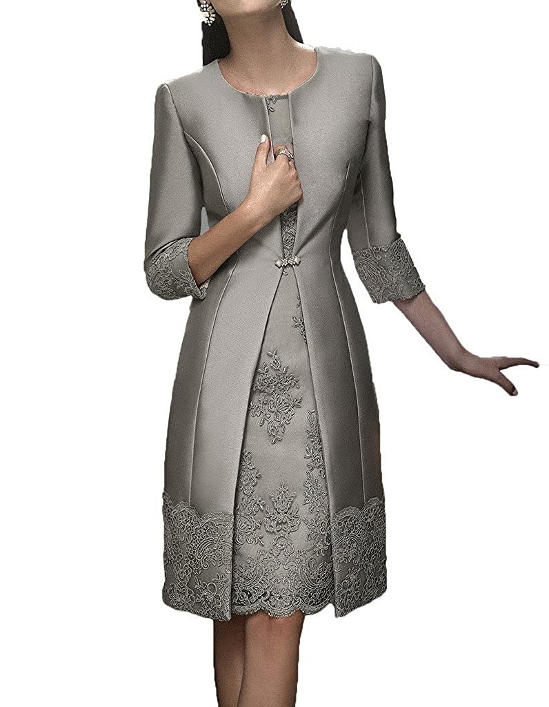 Elegant Lace Applique Mother of The Bride Dress with Jacket - Satin Tea-Length Groom Mother Dress for Wedding 2022 | Perfect for Formal Ceremonies, Receptions & Special Occasions
