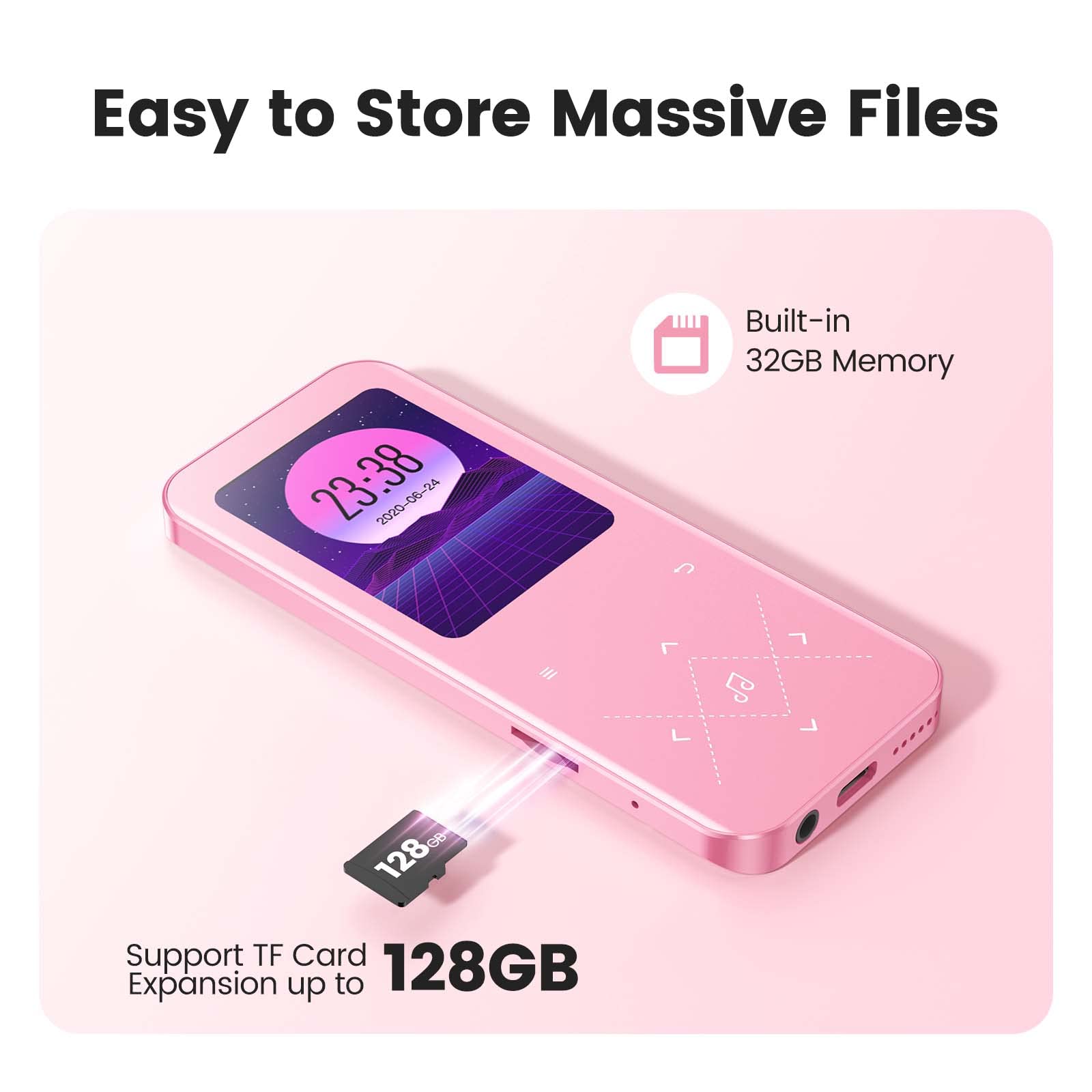 AGPTEK Pink MP3 Player with Bluetooth 5.3, 32GB Storage, Built-in Speaker, FM Radio & Voice Recorder - Portable Music Player for Running, Gym Workouts, Travel & Everyday Use