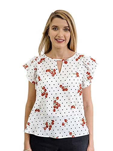 Stylish Cherries & Polka Dots Women's Top with Keyhole Neckline & Flutter Sleeves - Size Small - Perfect for Summer Outfits, Dates, and Casual Wear