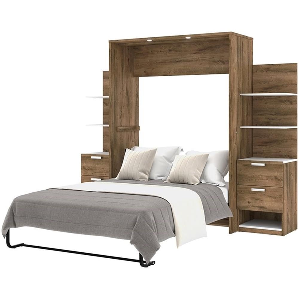 Modern Wood Full Murphy Bed with Nightstands - Rustic Brown & White Finish | Space-Saving Wall Bed for Small Apartments, Guest Rooms & Home Offices