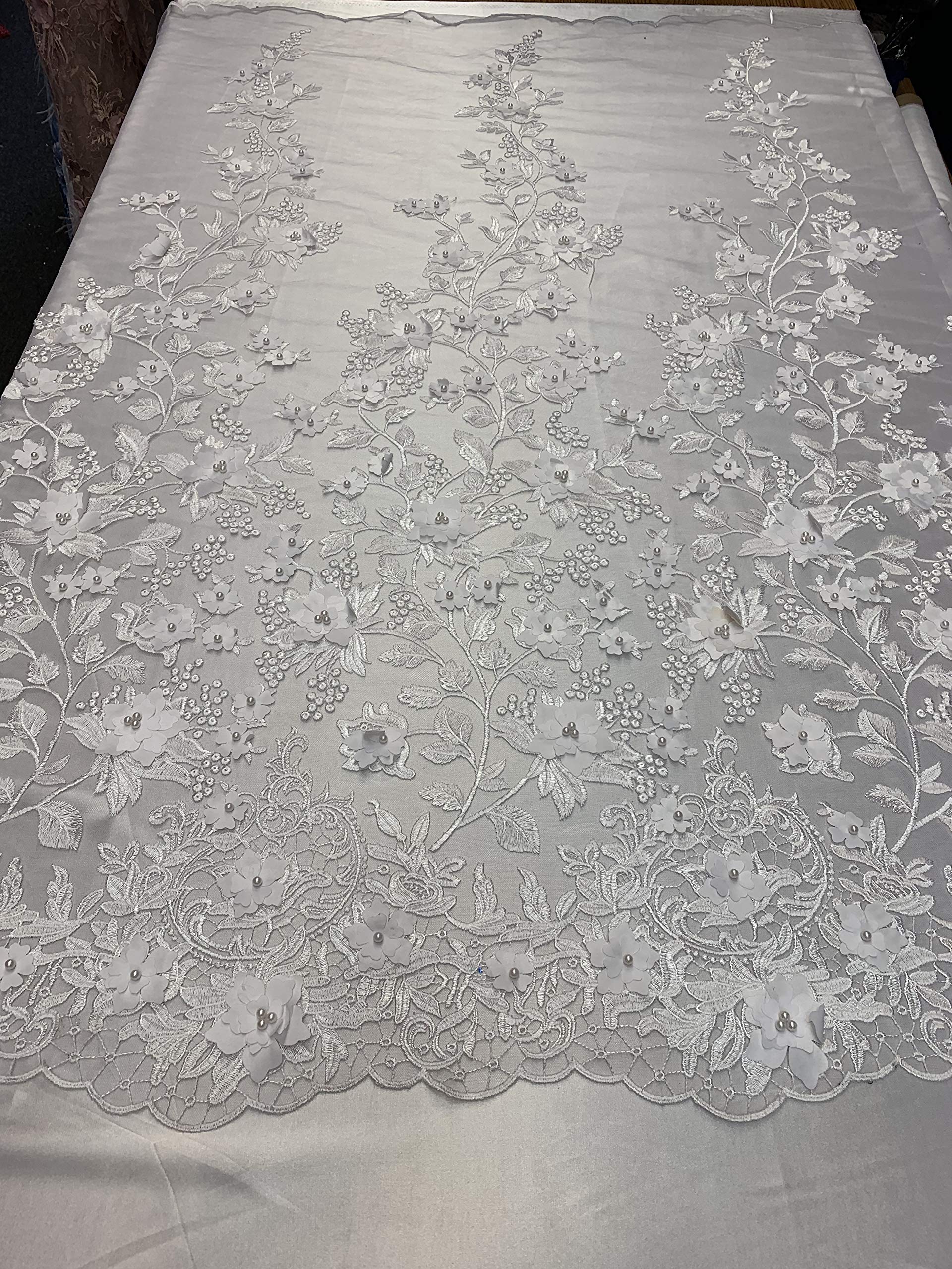 3D Pearls Floral London Design Beaded Embroidered Mesh Lace Fabric - Handmade White Lace by The Yard for Tablecloths, Veils, Wedding Decor & Skirts | Perfect for Bridal Accessories, Home Decor & Fashion Design