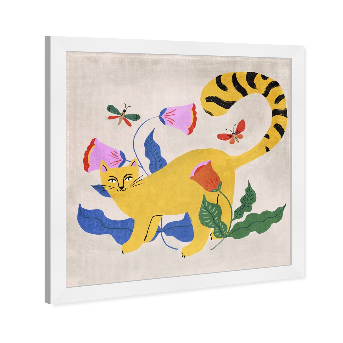 Blonde Tabby Floral Kitten Butterfly Garden Modern Yellow Framed Wall Art Print - Perfect for Bedroom, Nursery & Home Decor