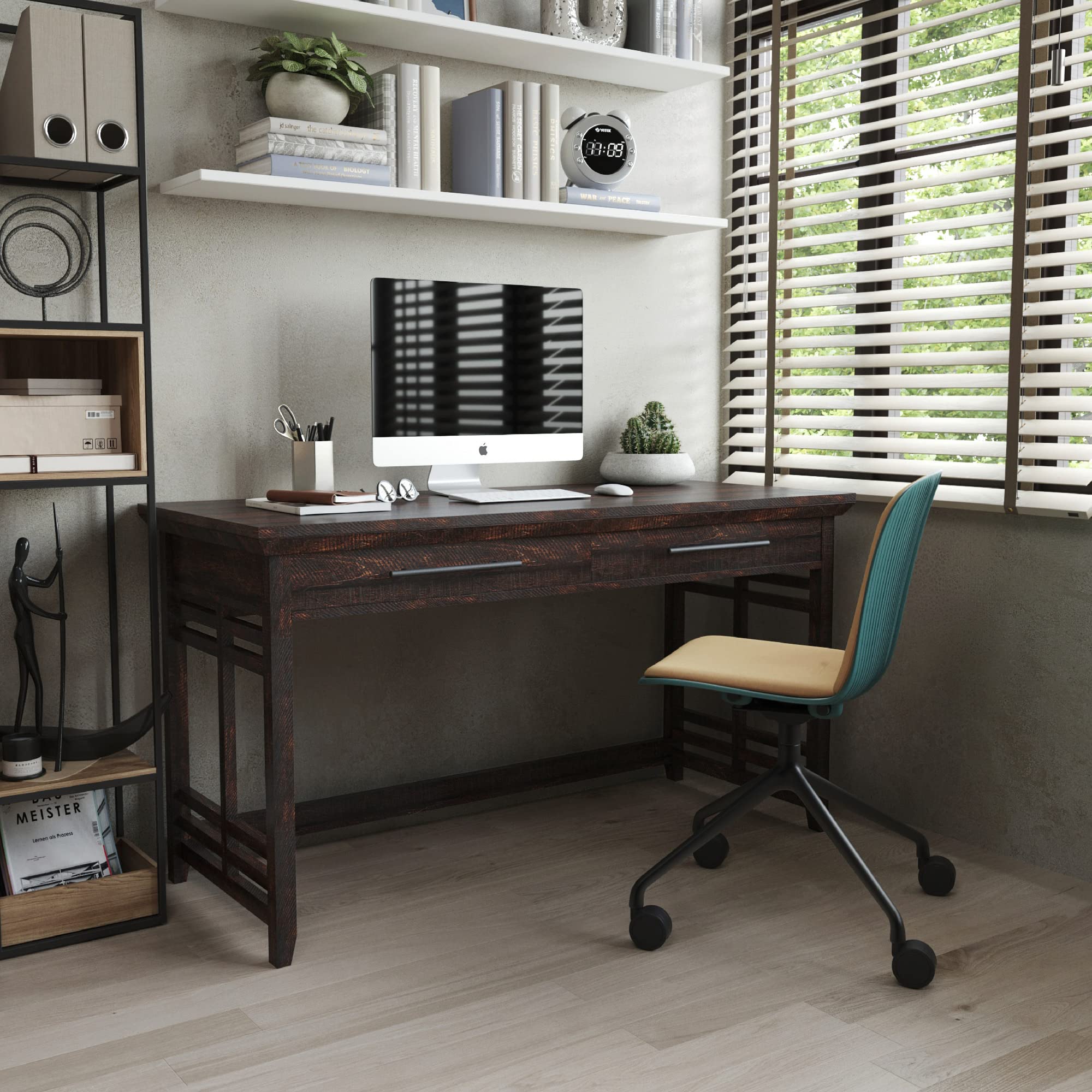 BELLEZE 55 Inch Modern Simple Home Office Computer Desk with Drawers - Wooden Study Table & Laptop Workstation - Norrell Espresso Finish - Perfect for Small Spaces, Remote Work & Student Dorm Rooms
