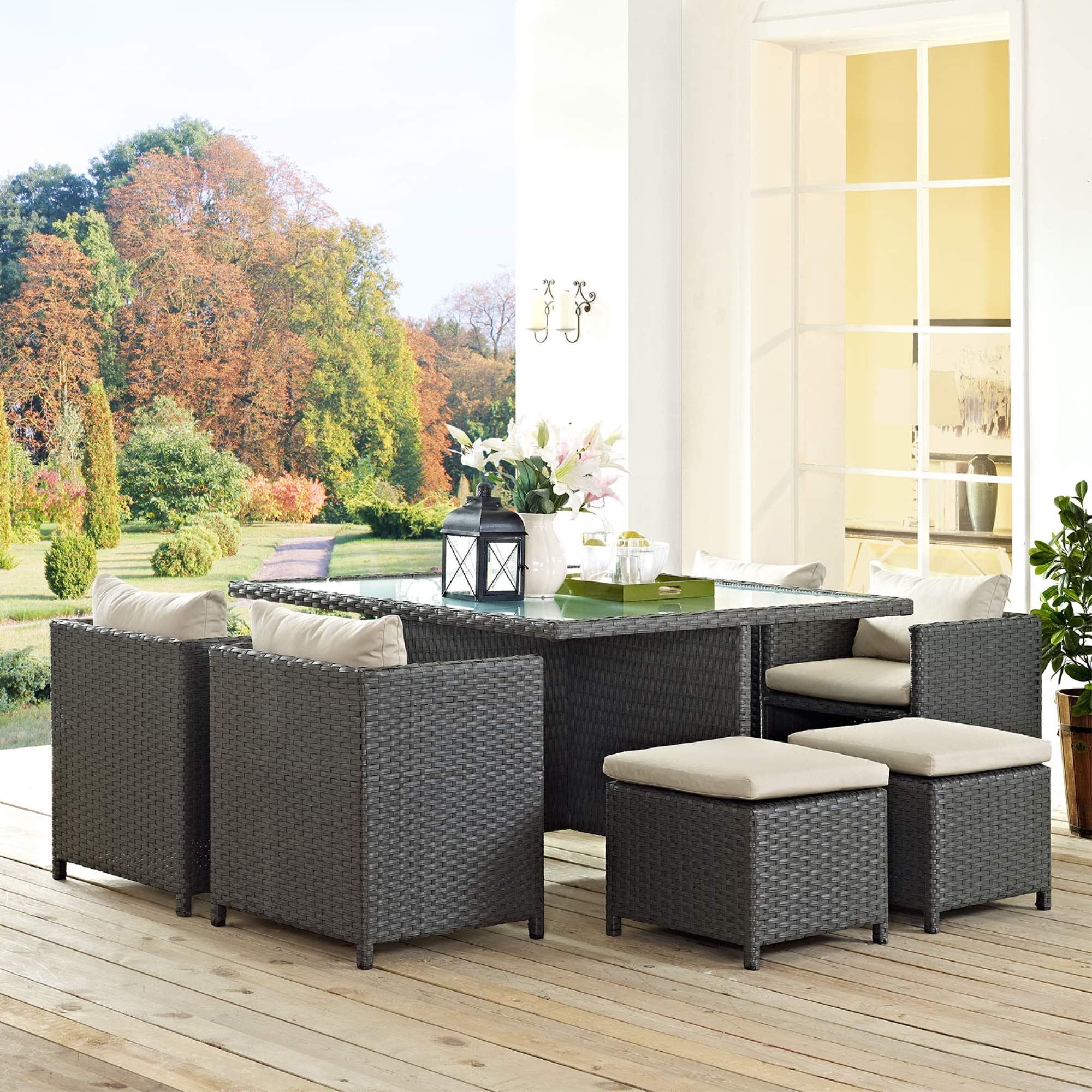 Ergode Sojourn 9-Piece Outdoor Patio Dining Set with Sunbrella Cushions - UV-Resistant Synthetic Rattan & Aluminum Frame - Perfect for Backyard, Garden, Poolside or Terrace Dining