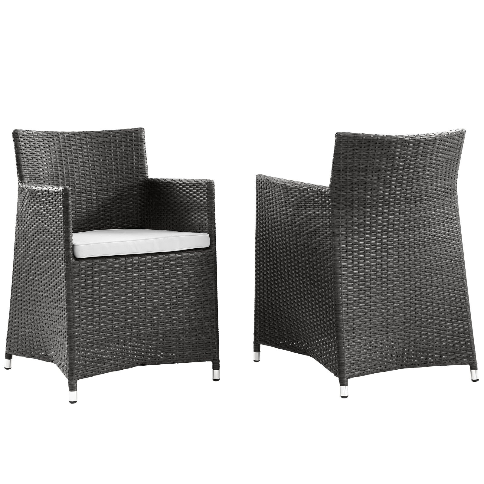 Modway Junction Wicker Rattan Outdoor Patio Dining Chairs - Set of 2 Armchairs with Cushions in Brown & White | Weather-Resistant for Garden, Poolside, and Backyard Relaxation