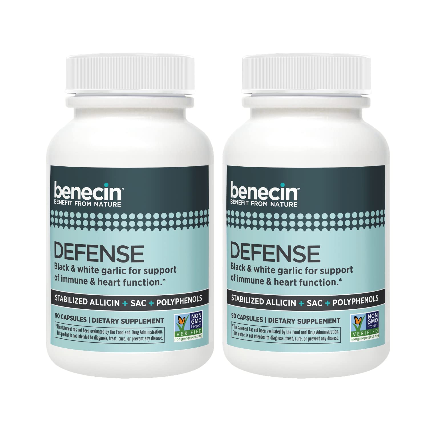 Benecin Defense 1500 mcg Stabilized Allicin Capsules - High Potency SAC & Black Garlic Polyphenols | Immune & Heart Health Support | Vegetarian Supplement (180 Count) | Daily Wellness & Immune Boosting