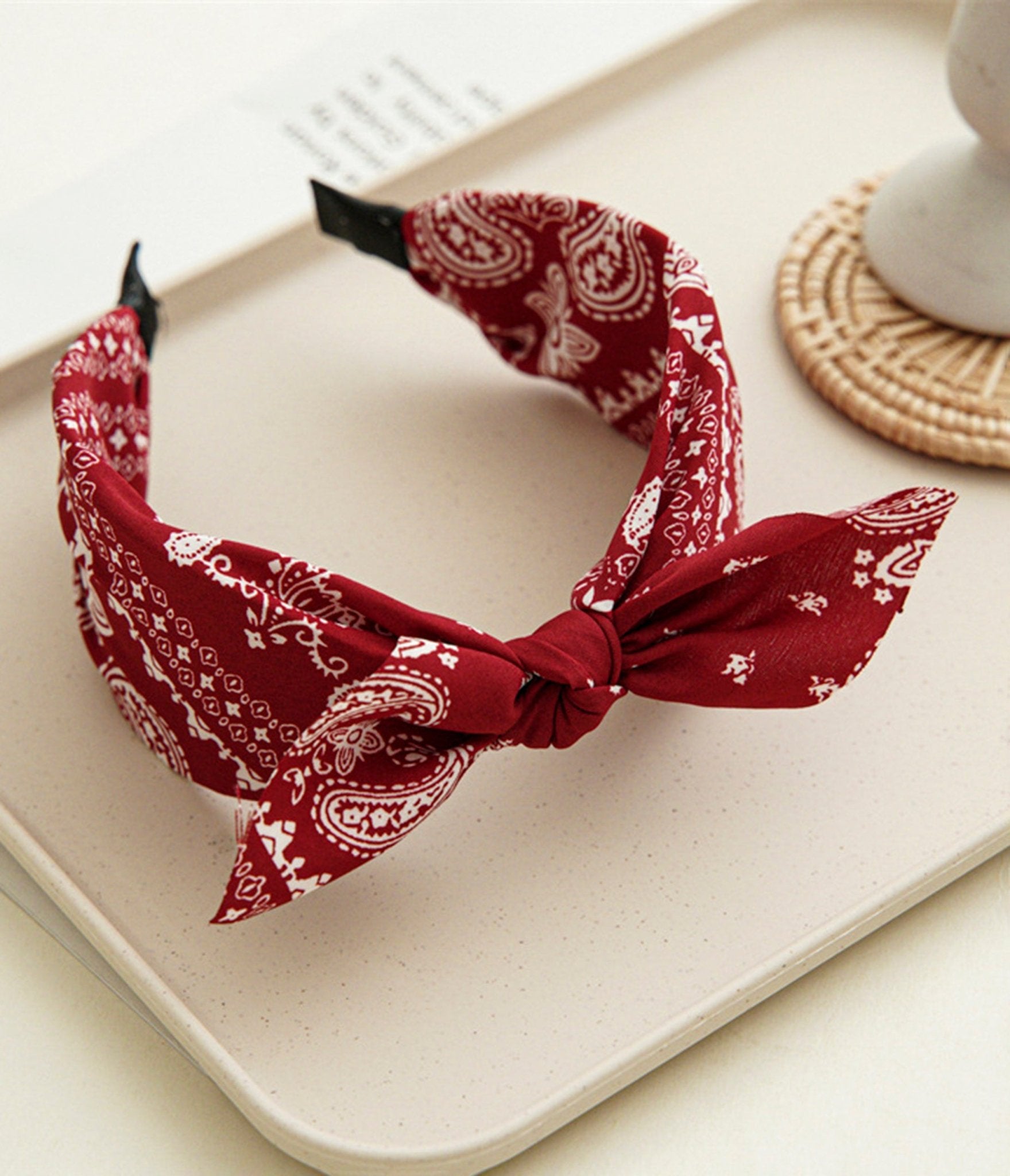 Red & White Cashew Nut Flower Wide Headband for Women - Boho Hair Accessories for Weddings, Parties & Festivals - Adjustable Stretchy Head Wrap for Long Hair