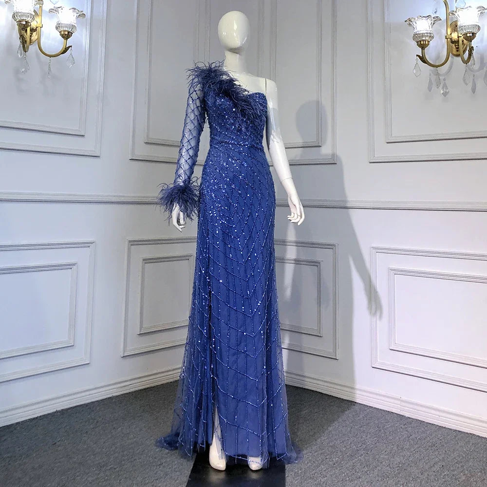 Elegant Blue One Shoulder Mermaid Evening Dress with Beaded Feather Details - Luxury Women's Formal Gown for Prom, Wedding & Special Occasions - Serene Hill Collection LA71612
