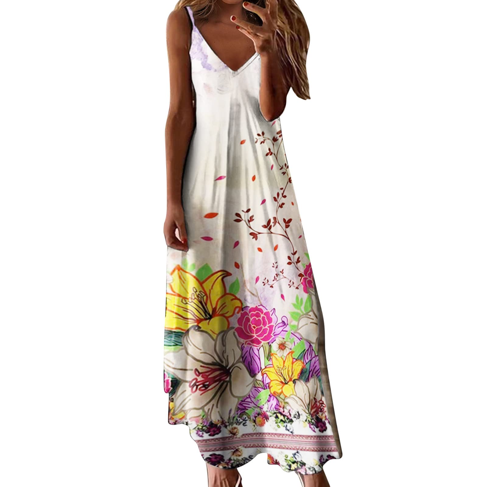 ETHKIA Women's Summer Sleeveless Floral Print Sundress - Elegant Casual Party Swing Long Dress for Beach, Vacation & Outdoor Events