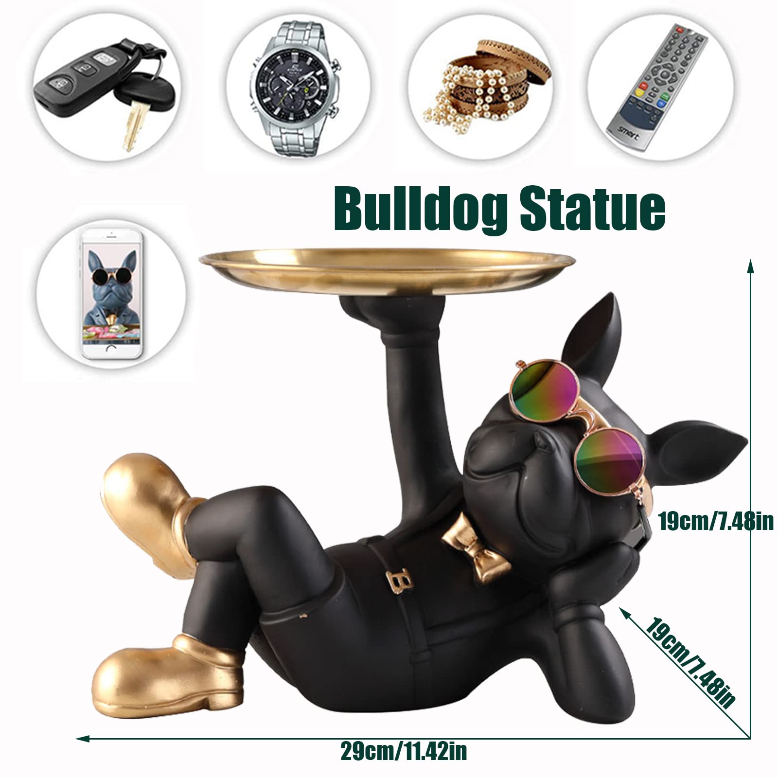Resin Bulldog Tray - Animal Sculpture Key Holder & Jewelry Organizer for Desk, Candy Dish, Earrings Storage - Home, Office, Shop Decor - Perfect for Living Room, Table Display & Gift Idea (Black)