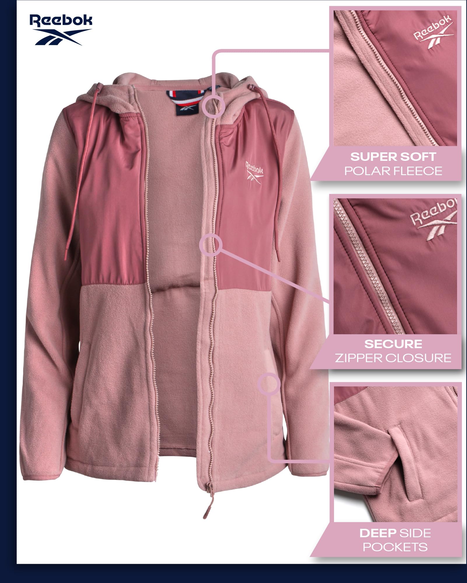 Reebok Women's Lightweight Polar Fleece Sweatshirt Jacket - Soft Warm Winter Coat for Outdoor Activities, Running, Hiking (Sizes S-XL)