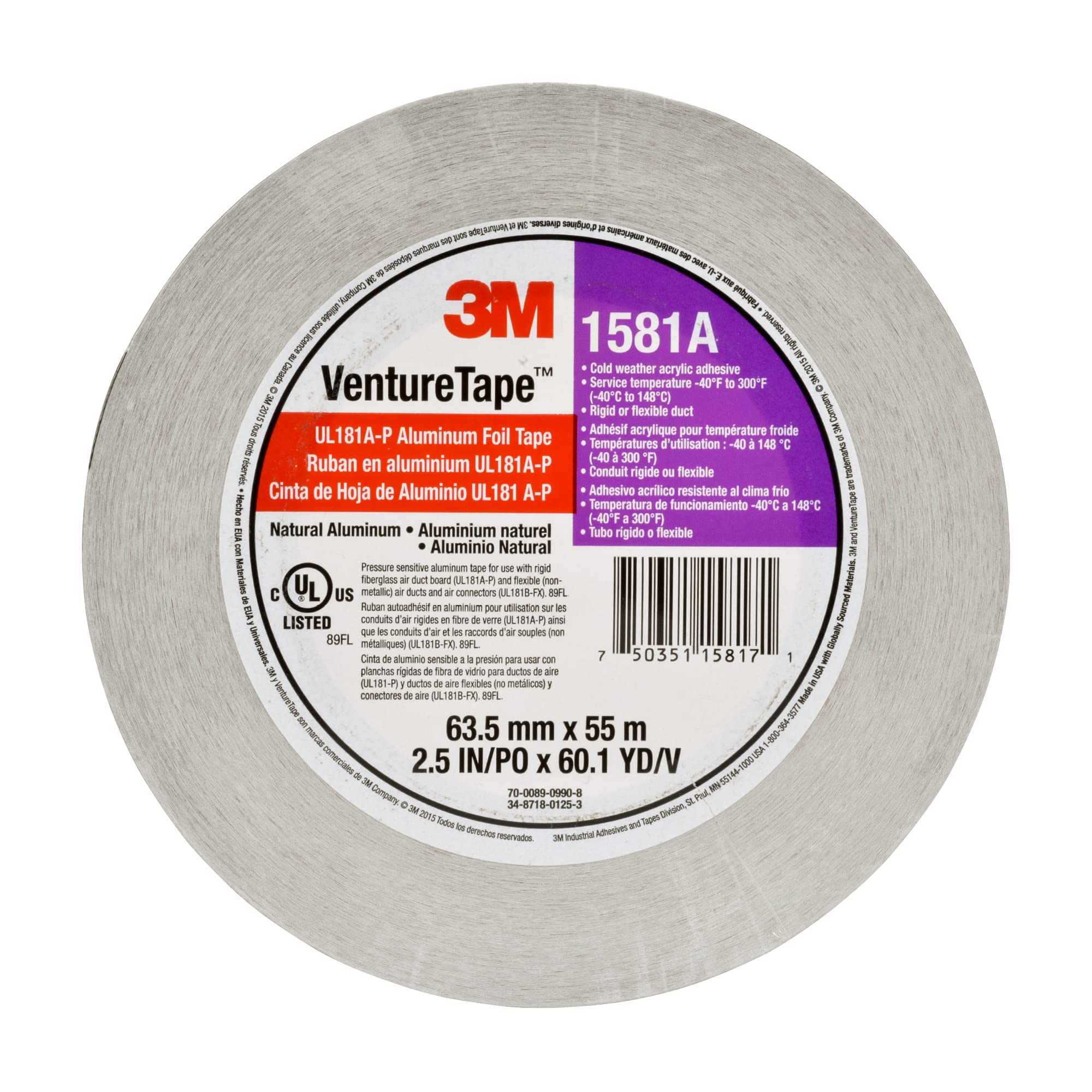 3M Venture Tape UL181A-P Aluminum Foil Tape 1581A - 2.5 in x 60 yd HVAC Duct Sealing Tape for Rigid & Flexible Ducts | Cold Weather Adhesive, Durable 2 Mil Foil Tape | Perfect for HVAC Systems, Air Duct Repairs & Insulation Projects