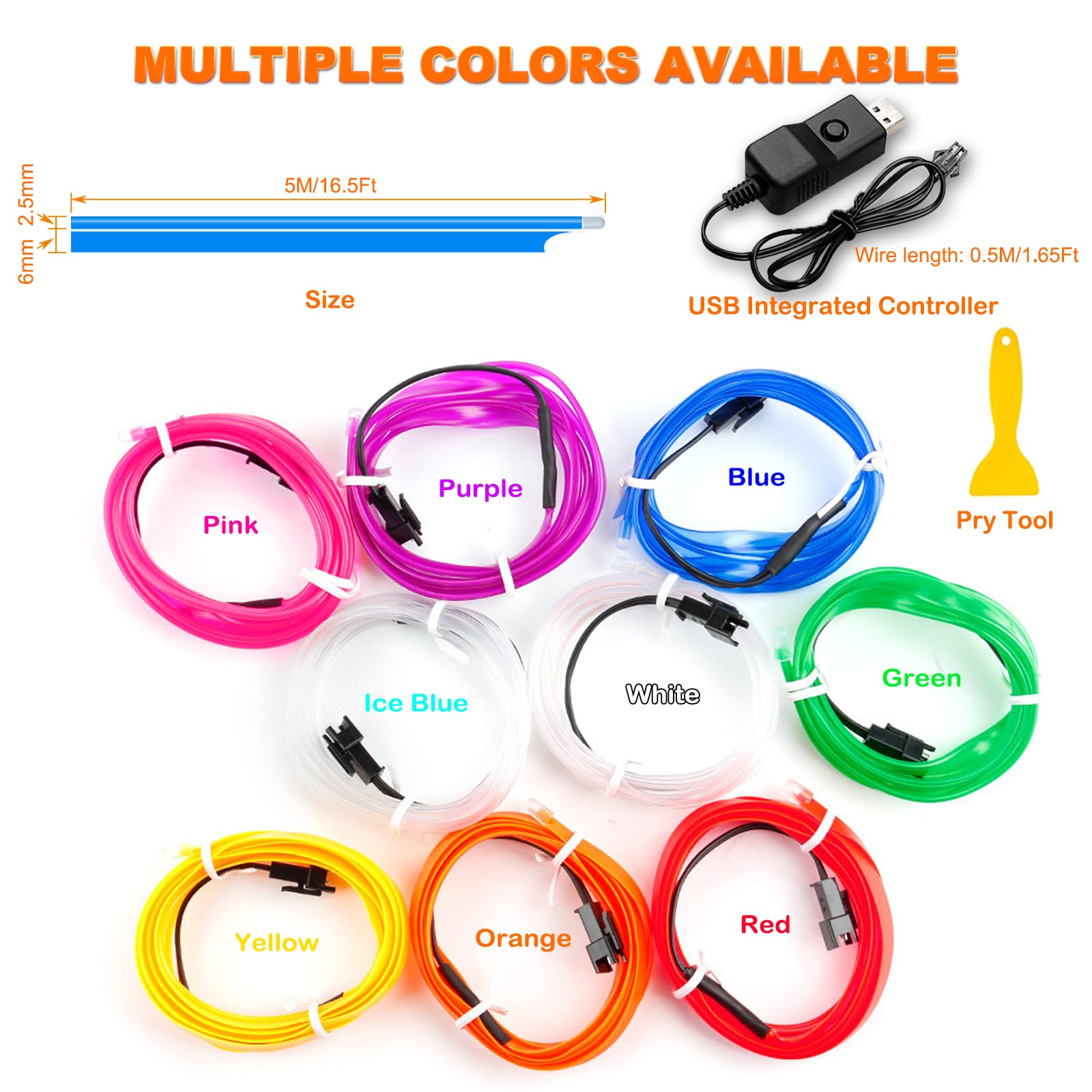 EL Wire Car LED Lights - 16.5FT USB Interior Car Ambient Lighting Strip with Switch & 8 Flashing Modes - Blue Under Dash Neon Glow Lights for Car Interior Decoration (Perfect for Night Driving, Car Shows & Vehicle Customization)