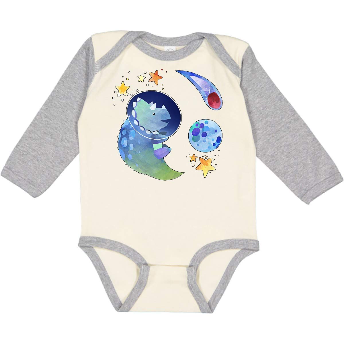Inktastic Triceratops in Space with Planets and Stars - Cute Dinosaur Long Sleeve Baby Bodysuit for Boys & Girls - Perfect for Space-Themed Birthday Parties, Nursery Outfits, and Astronaut Costumes