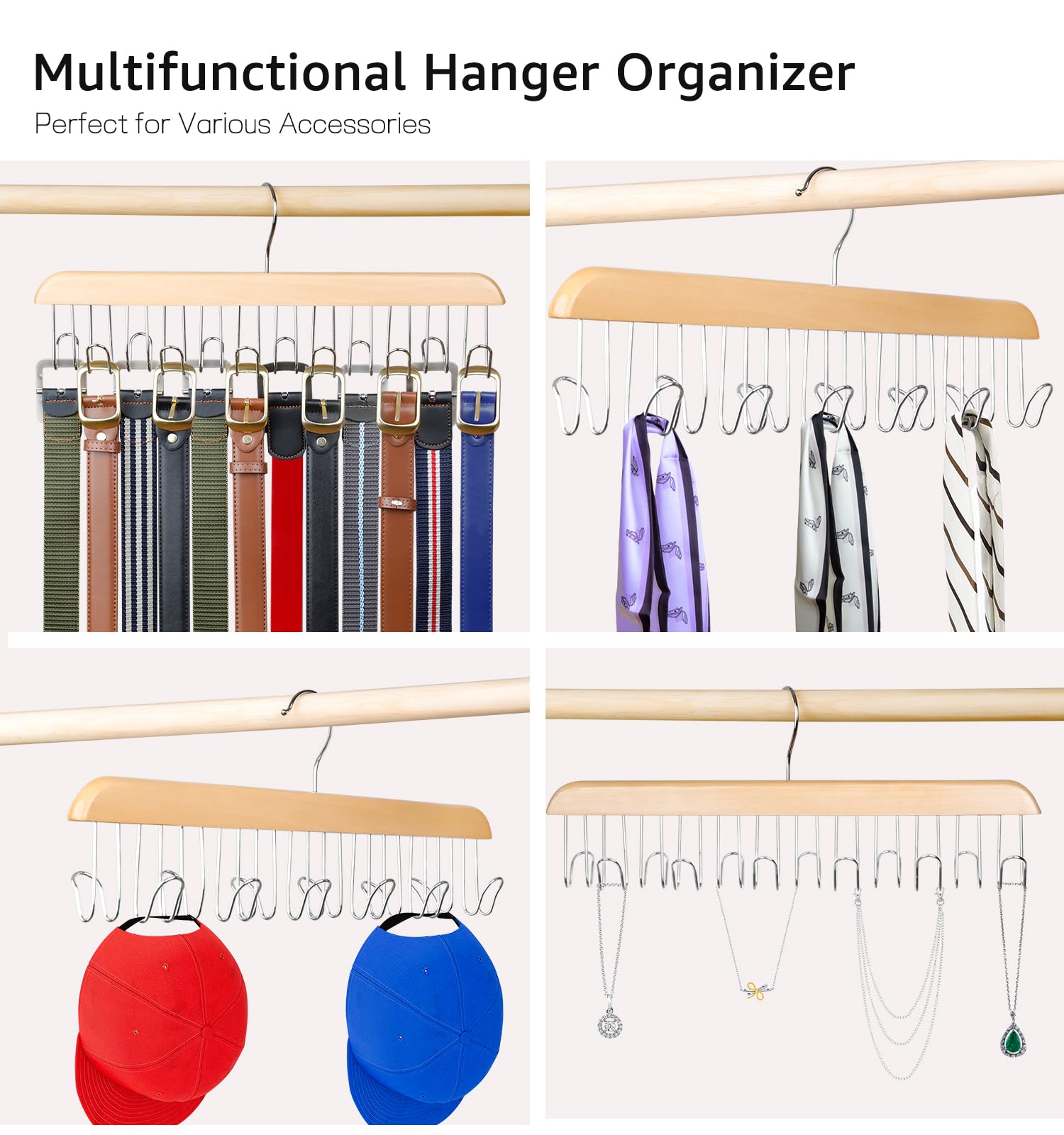 ManGotree Wooden Belt Hanger for Closet Organizer - 12 Hook Space Saving Belt Rack for Belts, Ties, Scarves, Hats & Accessories - Sturdy Wood Storage Solution (2 Pack, Natural) - Perfect for Bedroom, Closet & Entryway Organization