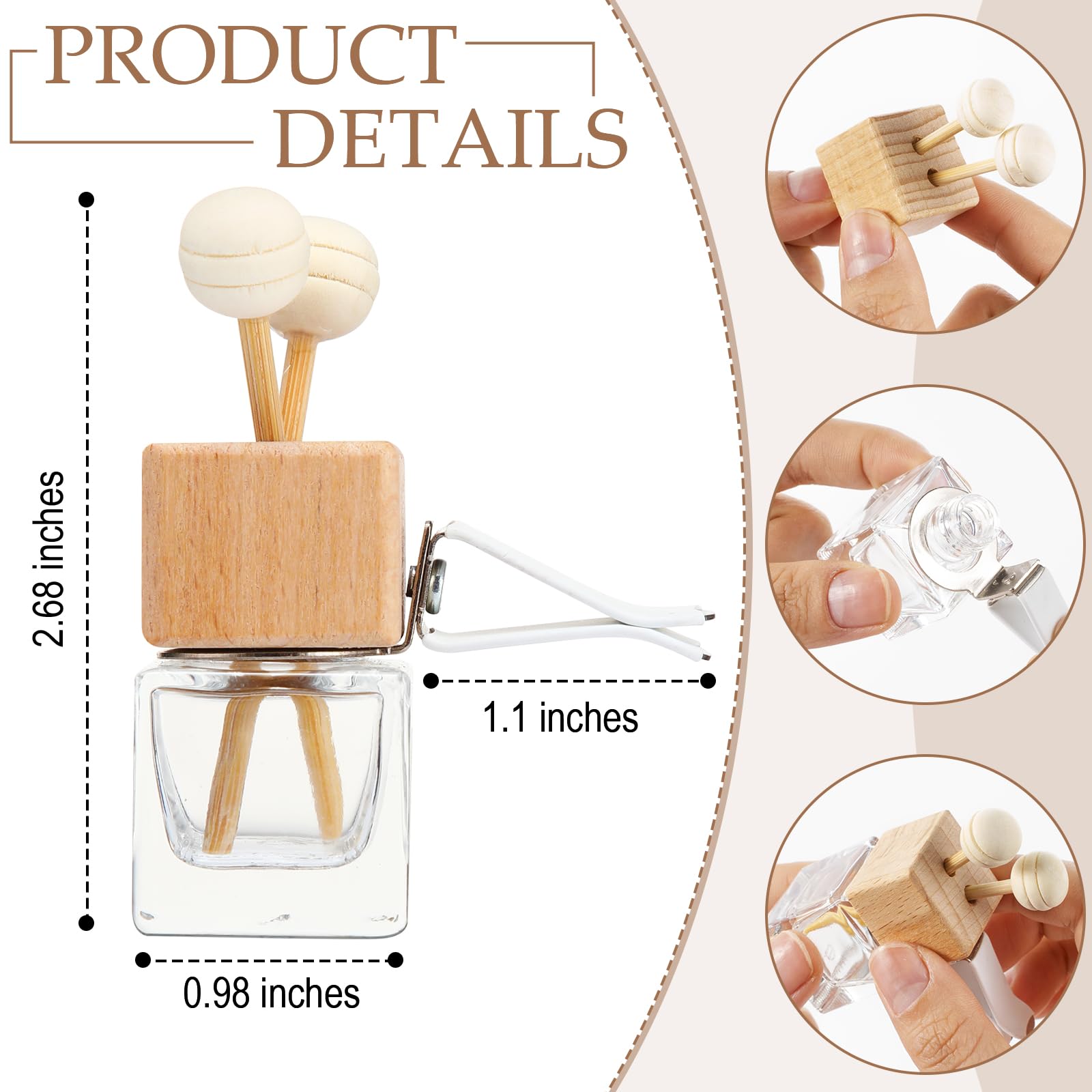 Zubebe 200 Pcs 8ml Empty Glass Car Diffuser Bottles with Wooden Cap & Vent Clip - Essential Oil Air Freshener for Auto, Home & Office - Clear Glass Perfume Diffuser for Aromatherapy & Fragrance Decor