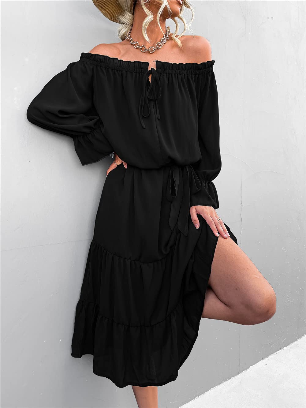 Women's Midi Off Shoulder Ruffle Long Sleeve Summer Dress - Solid Color Loose Fit Tiered Tunic with Tie Neck | Perfect for Beach Vacations, Date Nights & Summer Parties