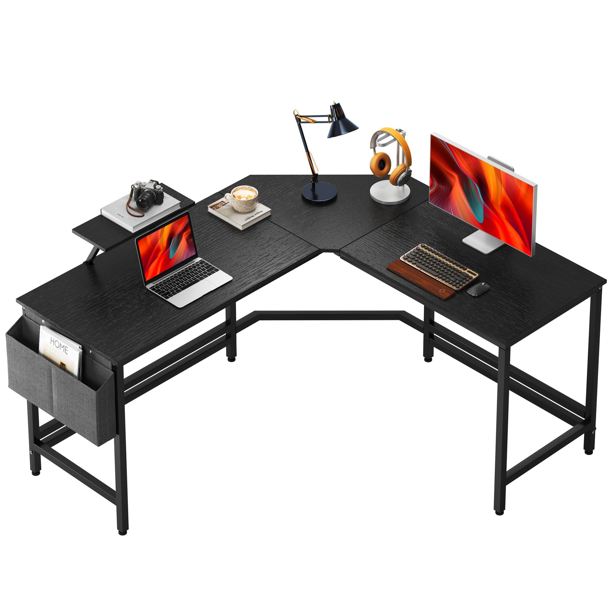 Soges Black L-Shaped Desk with Storage Bag & Monitor Stand - Corner Computer Desk for Home Office, Gaming, Writing & Reading | Space-Saving L-Shaped Workstation for Small Rooms & Apartments