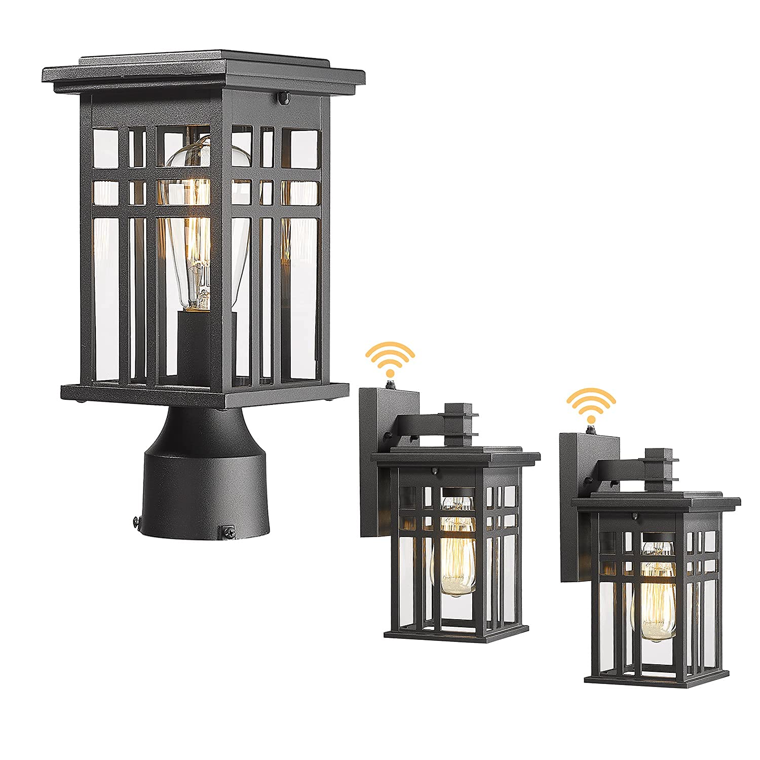 HWH Industrial Pole Lamp with Dusk to Dawn Sensor - Matte Black Exterior Wall Lantern with Clear Glass Shade - Outdoor Porch Lights for Garden, Garage, Balcony & Patio Lighting