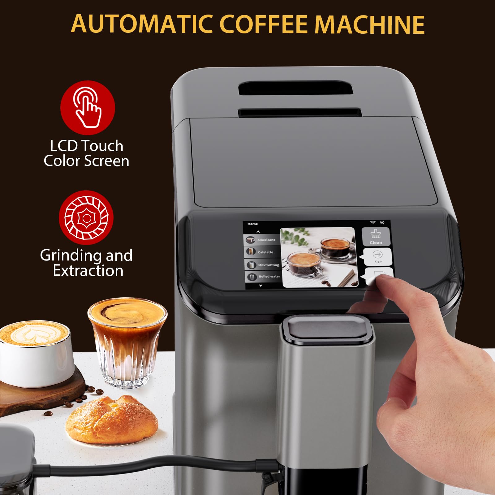 Premium 20 Bar Fully Automatic Espresso Machine with Auto-Cleaning, Milk Frother & LCD Touch Panel - Double Boiler Coffee Maker for Home & Office Use - Perfect for Cappuccino, Latte & Espresso Lovers (Gray)