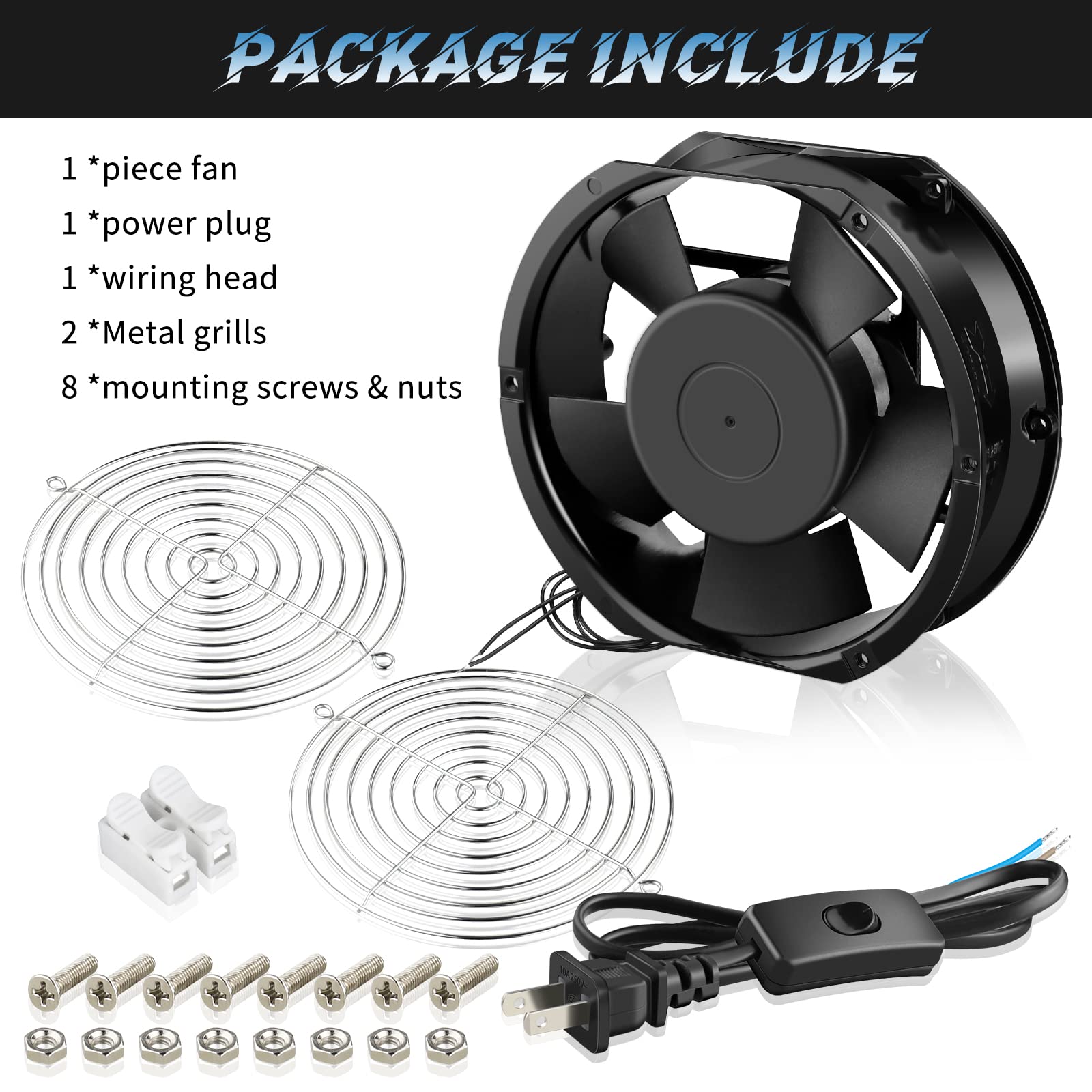 172mm High Speed Axial Muffin Fan with Switch - 110V/120V Cooling Fan for DIY Ventilation, Exhaust & Cooling Projects - Perfect for Chicken Coops, Crawl Spaces, Industrial Use, Doorways & Server Rooms