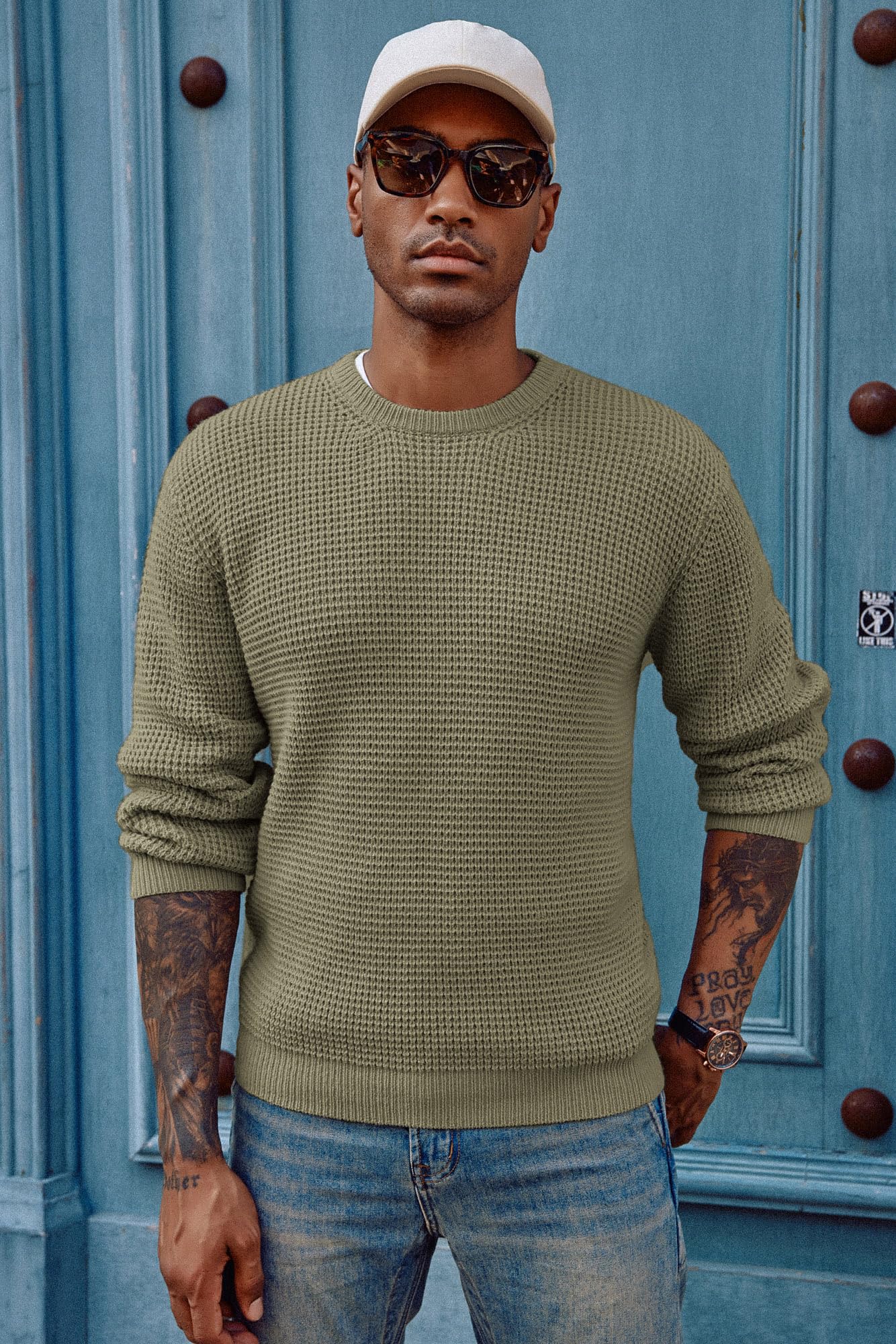 PJ PAUL JONES Men's Waffle Knit Crewneck Sweater - Long Sleeve Textured Pullover for Casual Wear, Office & Fall Outfits