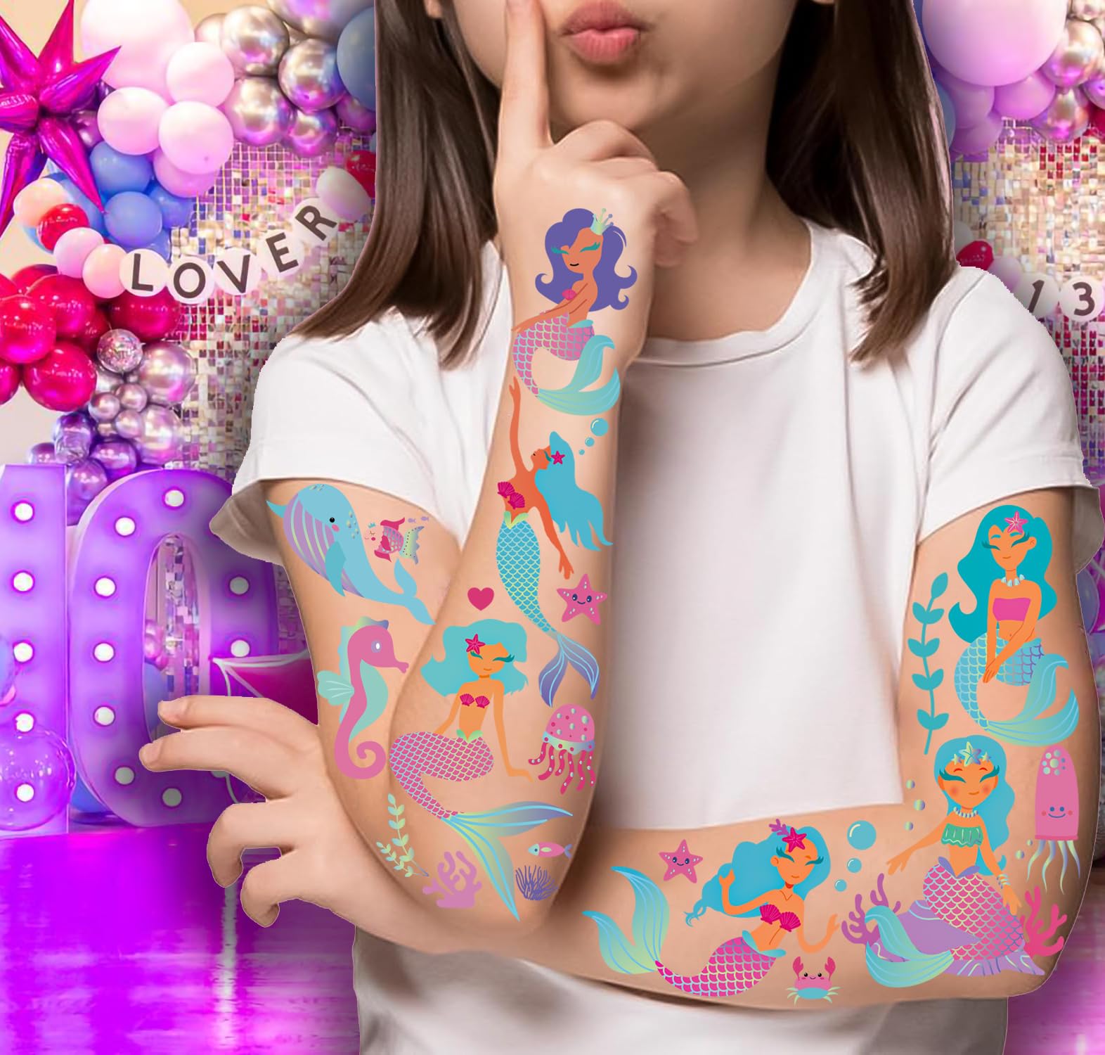 Mermaid Temporary Tattoos for Kids - 130+ Pcs Under The Sea Party Decorations, Birthday Favors & Gifts | Perfect for Mermaid Themed Birthday Parties, Pool Parties & Ocean-Themed Events