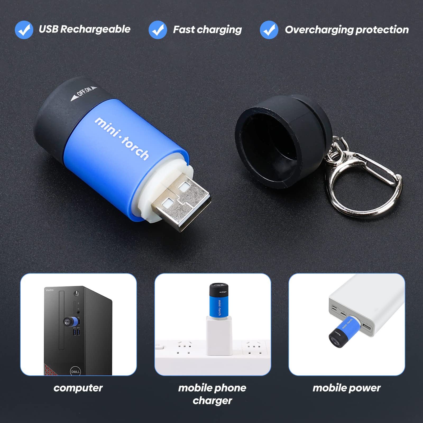 **Tileon Mini Keychain Light - 3 Pack USB Rechargeable Waterproof LED Flashlights for Emergency, Camping, Hiking & Everyday Use - Colorful Keychain Flashlight Gift for Kids, Students & Family**