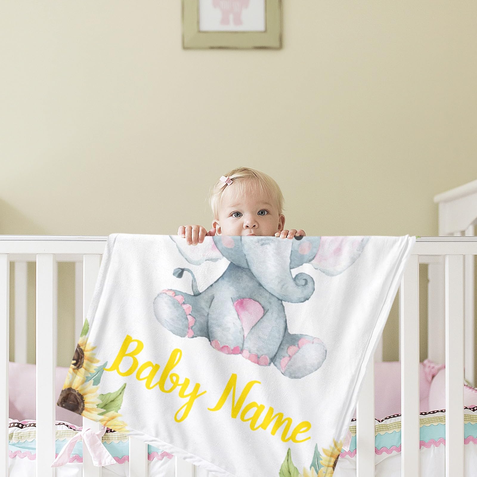 Personalized Baby Swaddle Blanket with Name - Custom Sunflower Elephant Design for Newborns - Soft Lightweight 30x40 Inch Baby Gift for Boys & Girls - Perfect for Nursery, Photo Shoots & New Mom Gifts