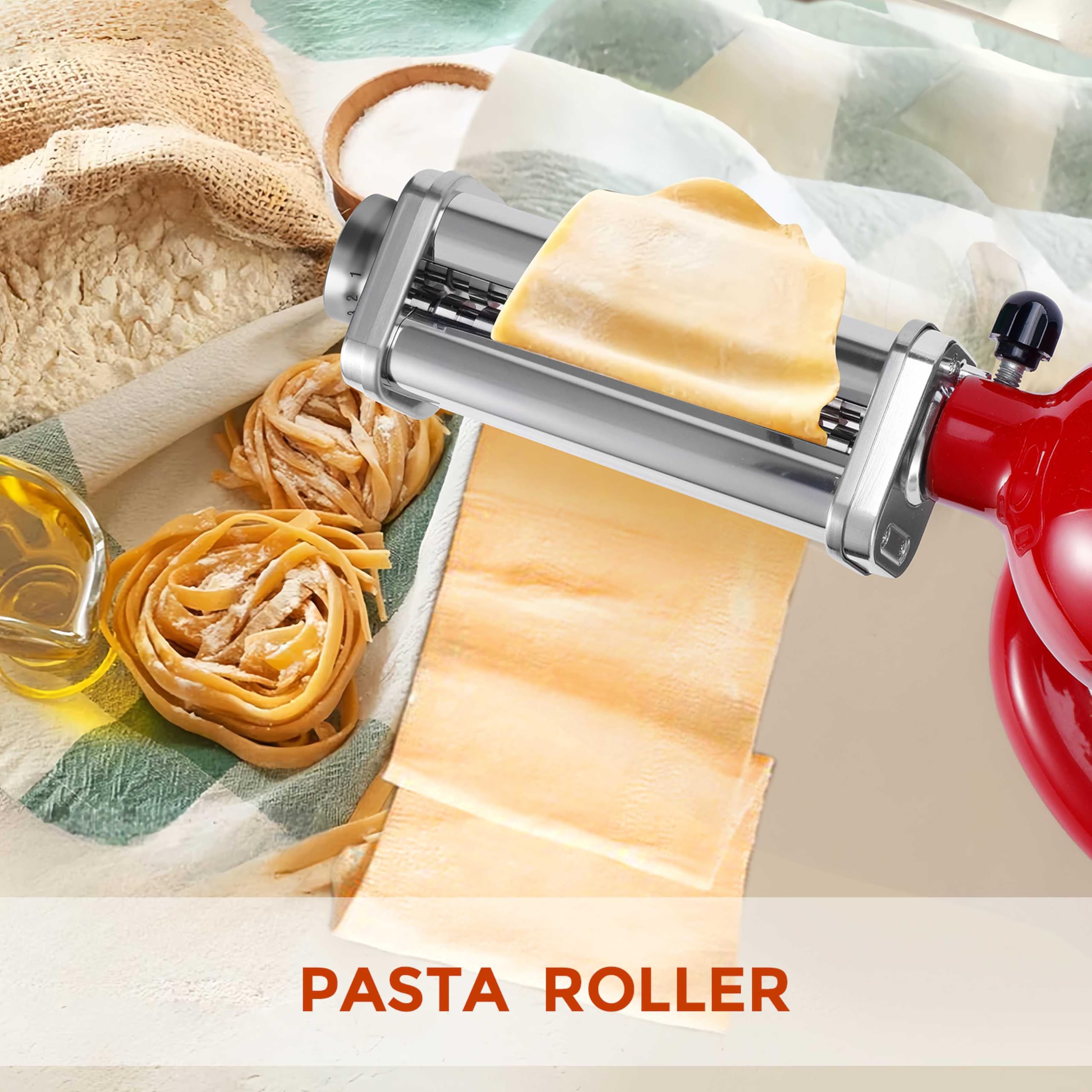 3-Piece Pasta Maker Attachment Set for KitchenAid Stand Mixer - Includes Pasta Roller, Spaghetti & Fettuccine Cutters | Homemade Fresh Pasta Accessories for Italian Cooking, Family Dinners & Restaurant-Style Meals