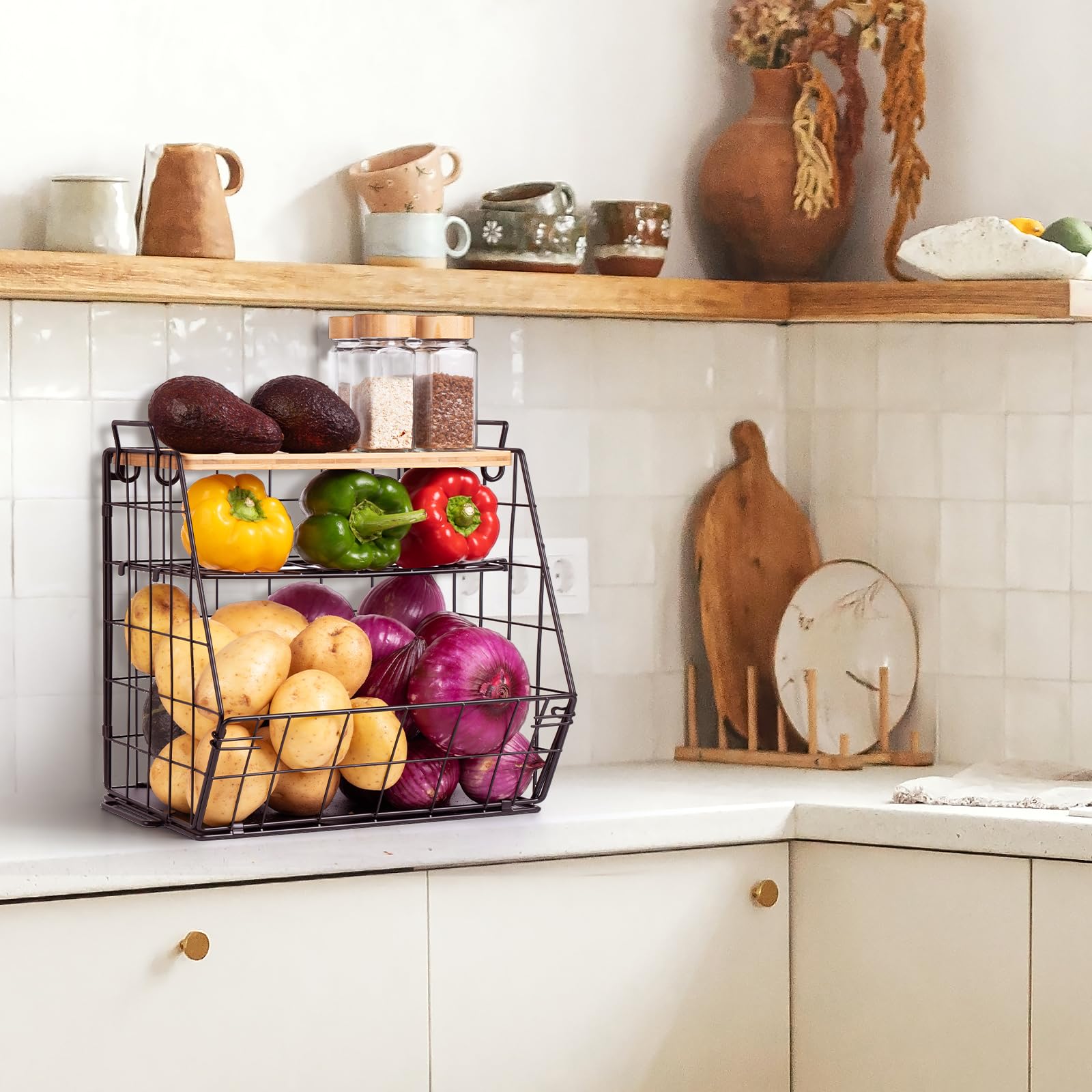 3-Tier Bamboo Fruit Basket with Cutting Board - Stackable Kitchen Organizer for Fruits, Vegetables, Onions & Potatoes - Countertop, Cabinet & Pantry Storage Solution - Perfect for Small Kitchen Organization & Space Saving