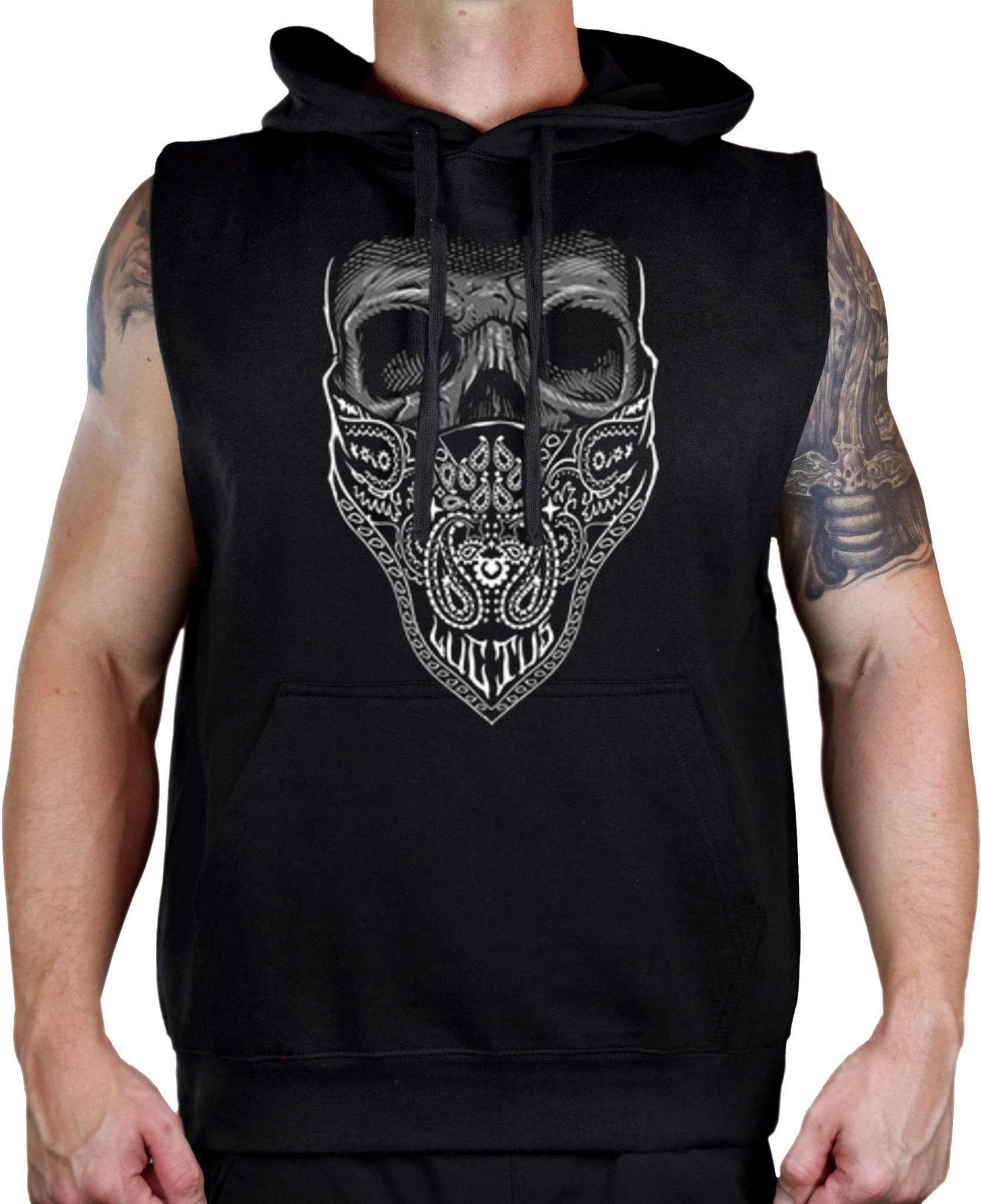 Interstate Apparel Men's White Bandana Print Skull Design Sleeveless Vest Hoodie - Perfect for Biker Rides, Music Festivals & Streetwear Fashion