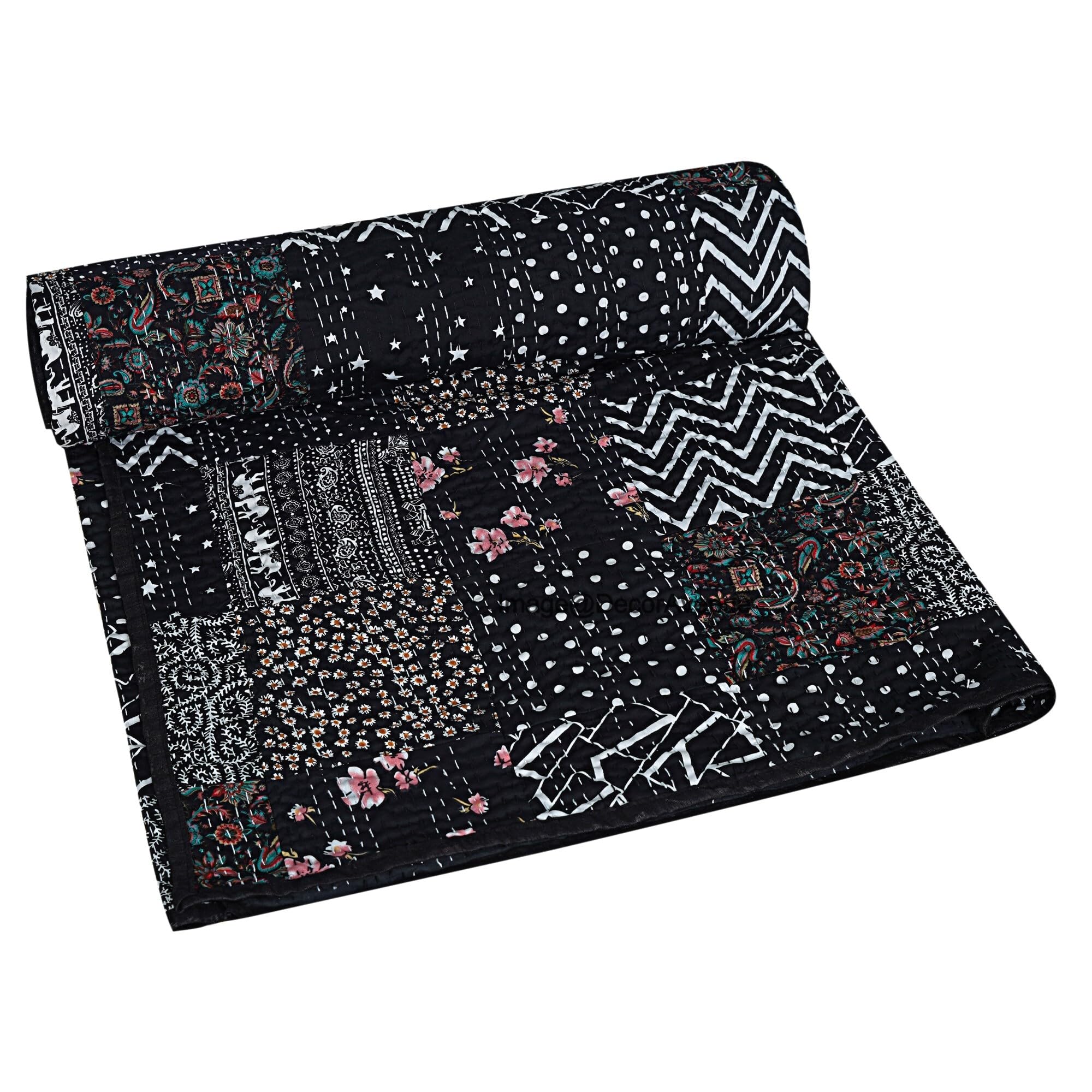 Handmade Silk Patchwork Kantha Quilt - Vintage Hand-Stitched Gudri Throw Blanket, Queen Size 90