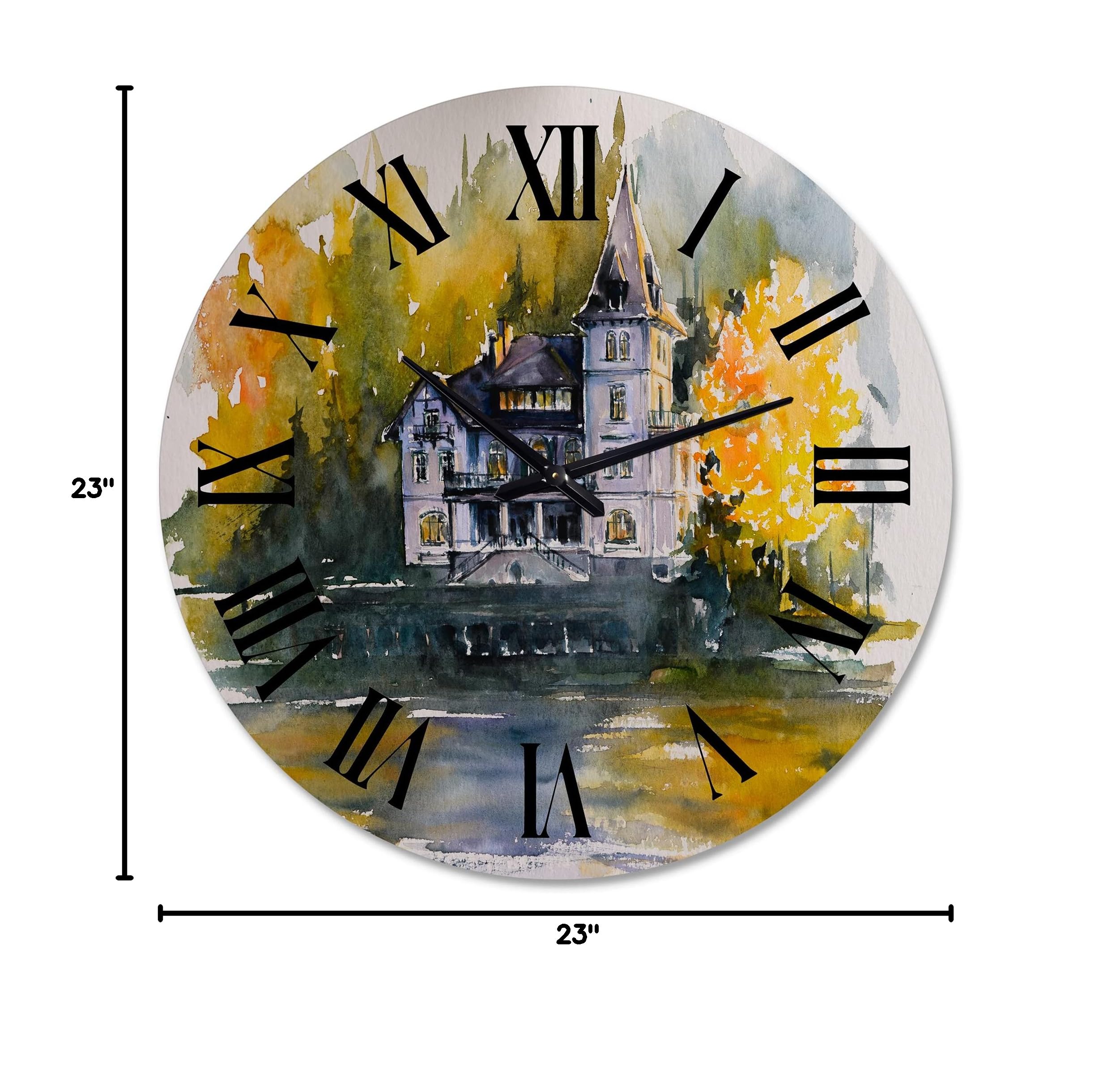 DesignQ Lake House Wall Clock - 'Castle by The Lake with Autumn Trees' Landscape Wall Decor - Large Rustic Kitchen Clock for Home, Office & Cabin Decor - Perfect for Farmhouse, Living Room & Bedroom
