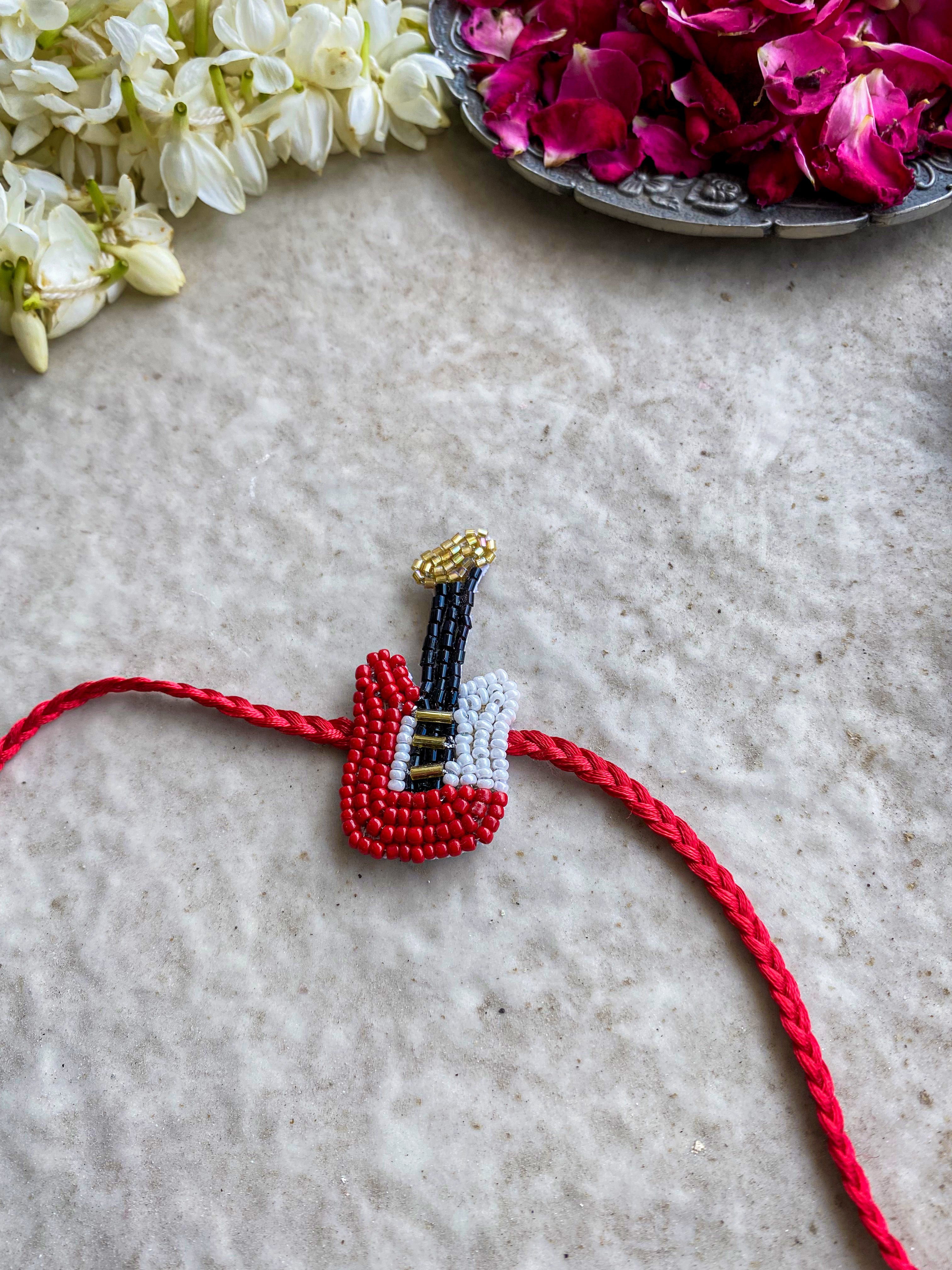 Play On Guitar Embroidered Rakhi - Traditional Indian Bracelet for Brother Sister Bonding - Perfect for Raksha Bandhan, Diwali & Family Celebrations