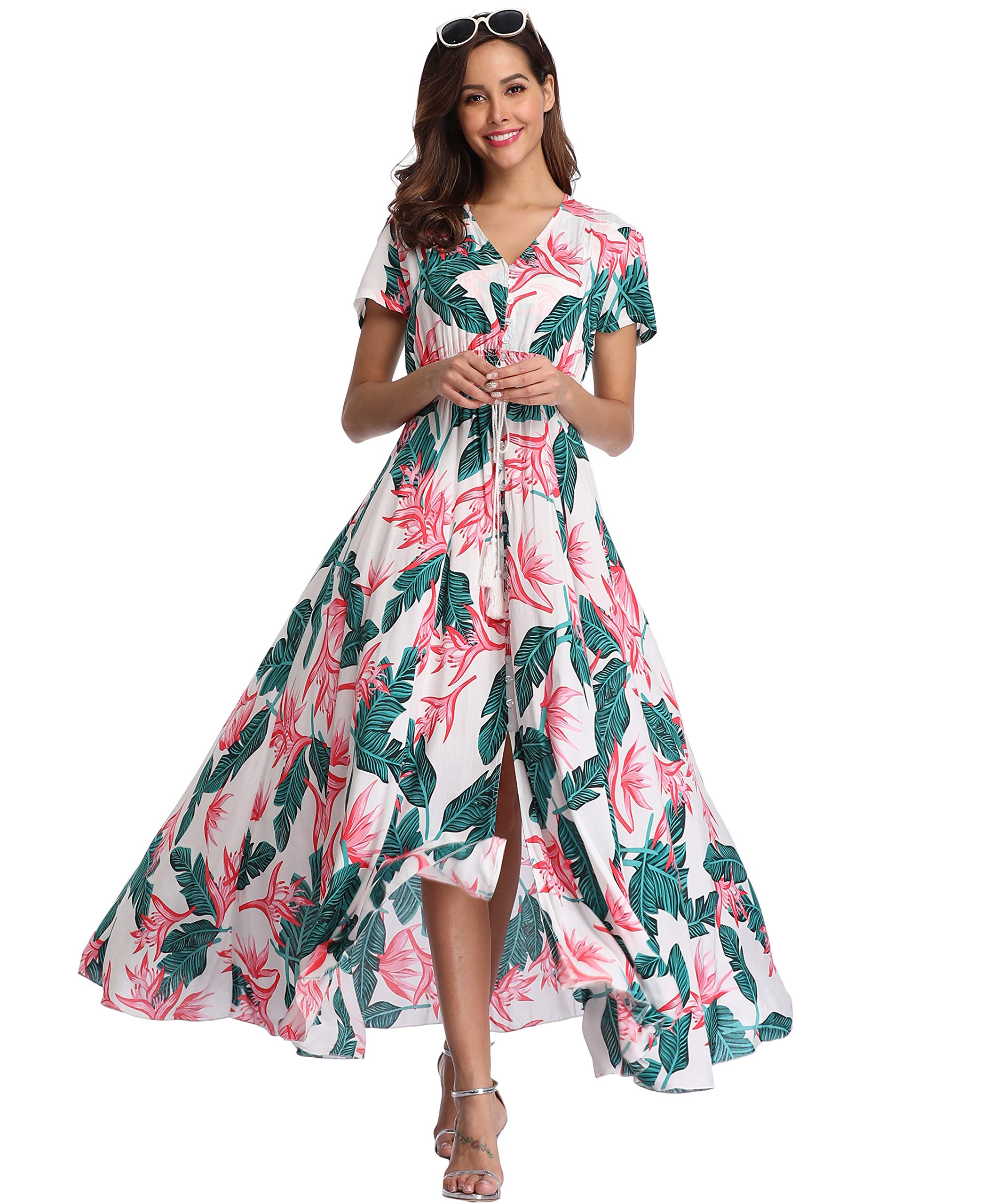 Ferrendo Women's Floral Maxi Dress - Button Up Bohemian Beach Dress with Side Slit & Flowy Design for Summer Parties, Vacations & Outdoor Events