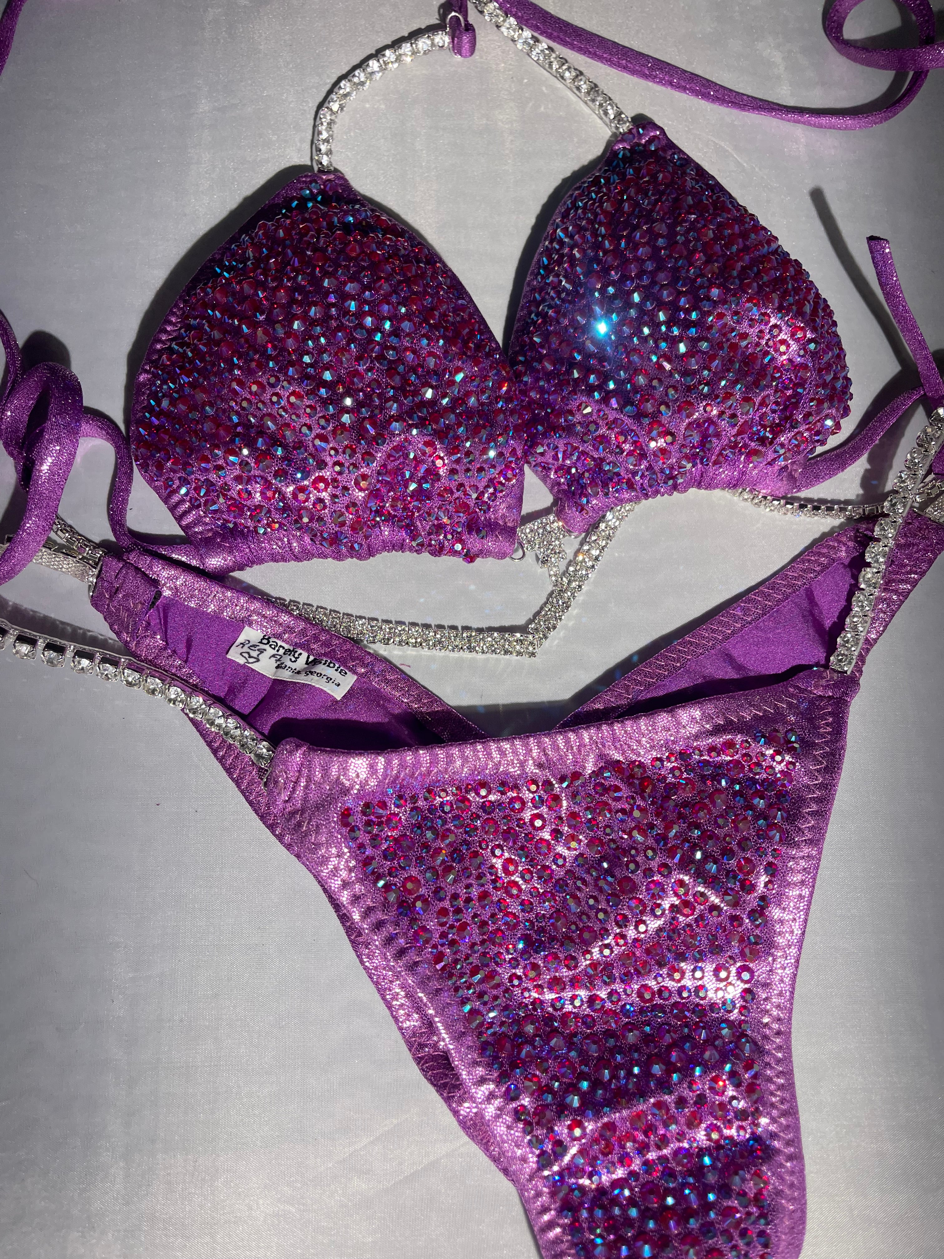 Lavender Lilac Purple Bikini Competition Swimsuit with Stunning Crystal Rhinestone Back - Perfect for Beach, Pool, and Pageant Events