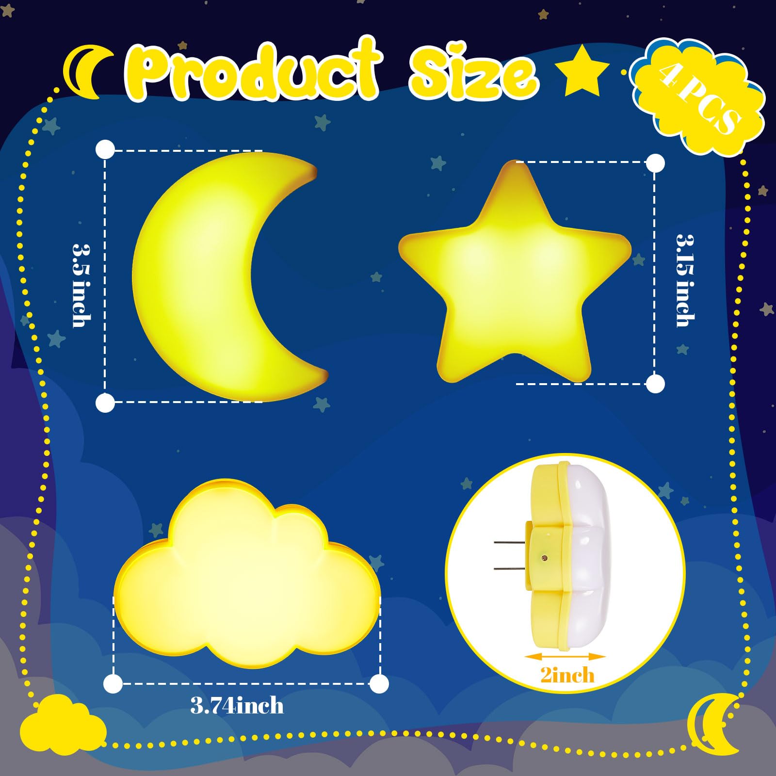 Mudder 4-Pack LED Night Lights - Star, Moon & Cloud Plug-in Wall Lights with Auto Sensor for Nursery, Baby Shower, Birthday & Wedding Decor (Yellow & White) - Perfect for Kids' Rooms, Hallways & Bedrooms
