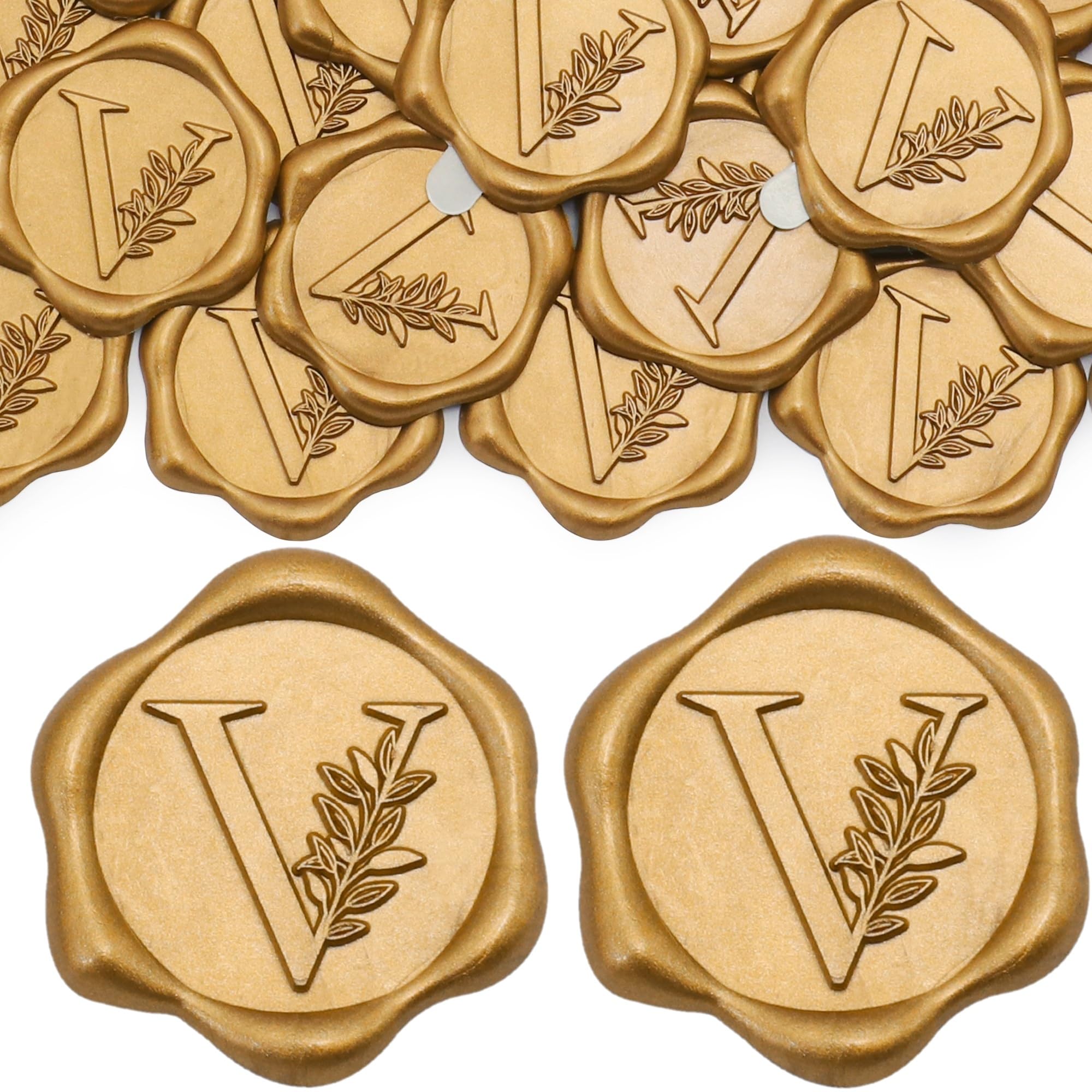 SWANGSA 50 Gold Wax Seal Stickers - Botanical Leaves Initial V for Wedding Invitations & Envelopes
