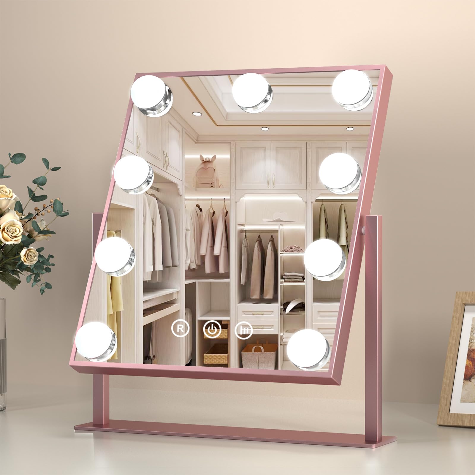 Professional Hollywood Vanity Makeup Mirror with LED Lights - 9 Dimmable Bulbs, 3 Color Modes & Touch Control - 360° Rotating Tabletop Mirror for Perfect Makeup Application (Bedroom, Dressing Room, Salon Use)
