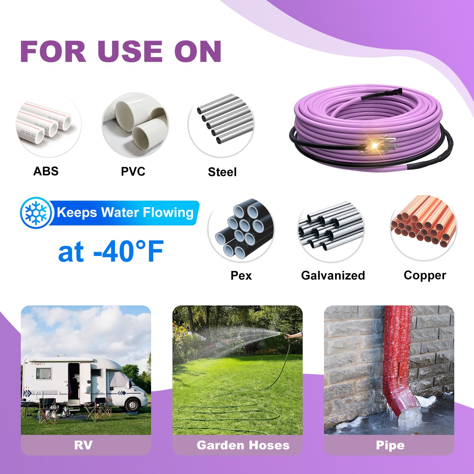 2FT Self-Regulating Pipe Heat Cable for Freeze Protection -40°F | Prevents Frozen Water Pipes in Winter | Ideal for Outdoor Plumbing, Basements & RVs