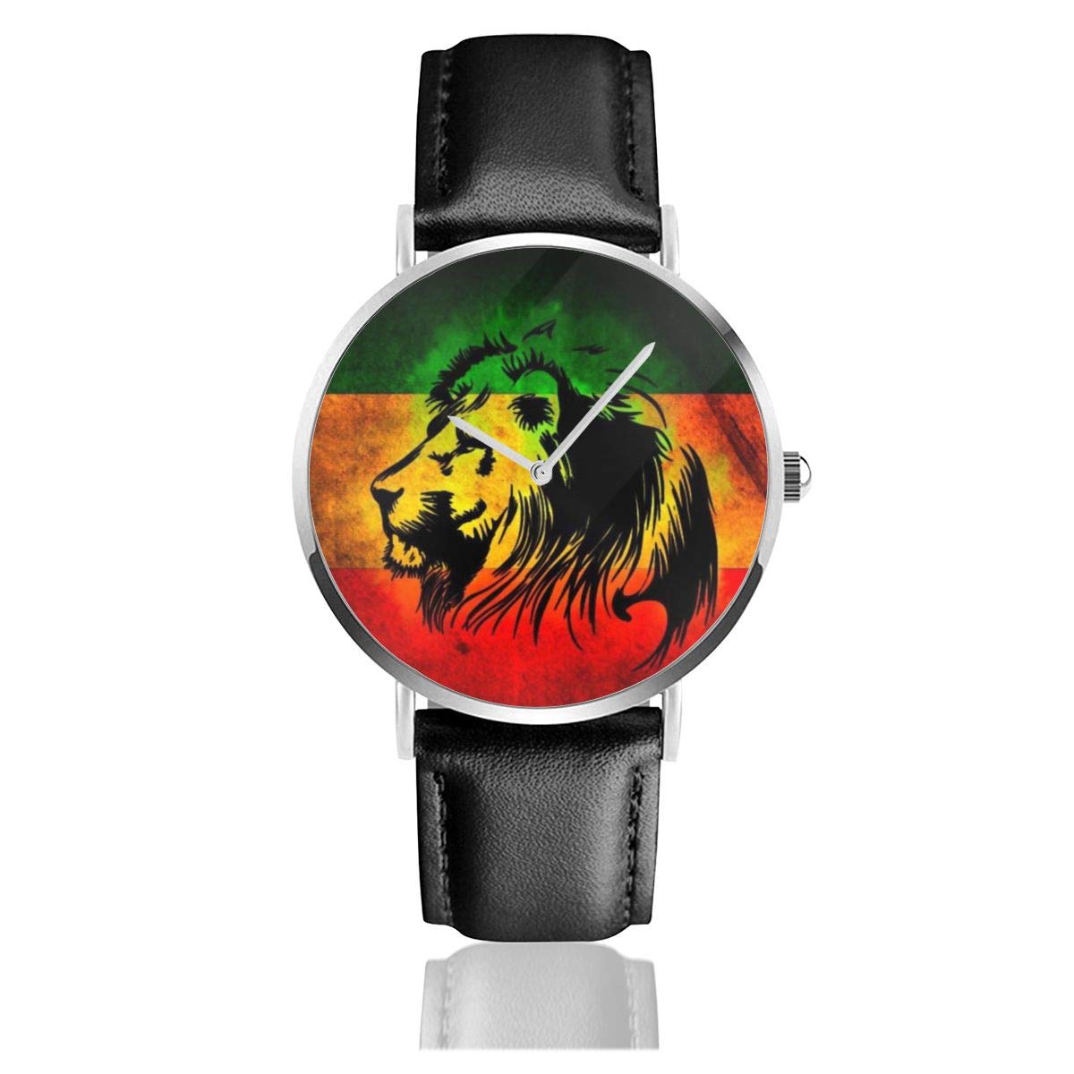 African Flag Lion of Judah Rasta Rastafari Jamaica Quartz Watch - Stainless Steel Case & Genuine Leather Strap - Perfect for Reggae Music Festivals & Cultural Events