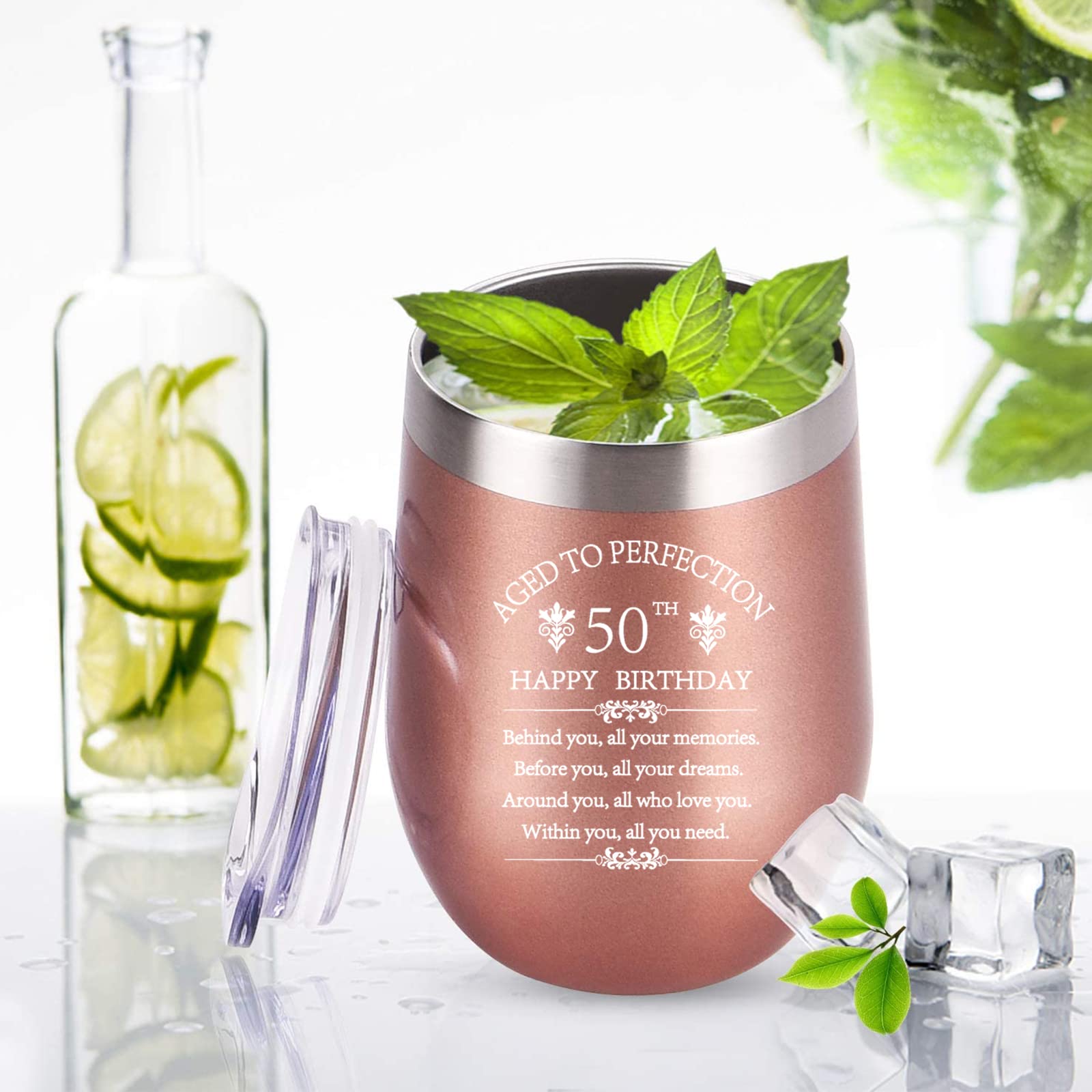 50th Birthday Gift for Women & Men - 12oz Rose Gold Stainless Steel Wine Tumbler with Double Wall Insulation | 50 Years Old Anniversary Present for Wife, Husband, Mom, Dad, Sister or Aunt | Perfect for Celebrations, Parties & Daily Use