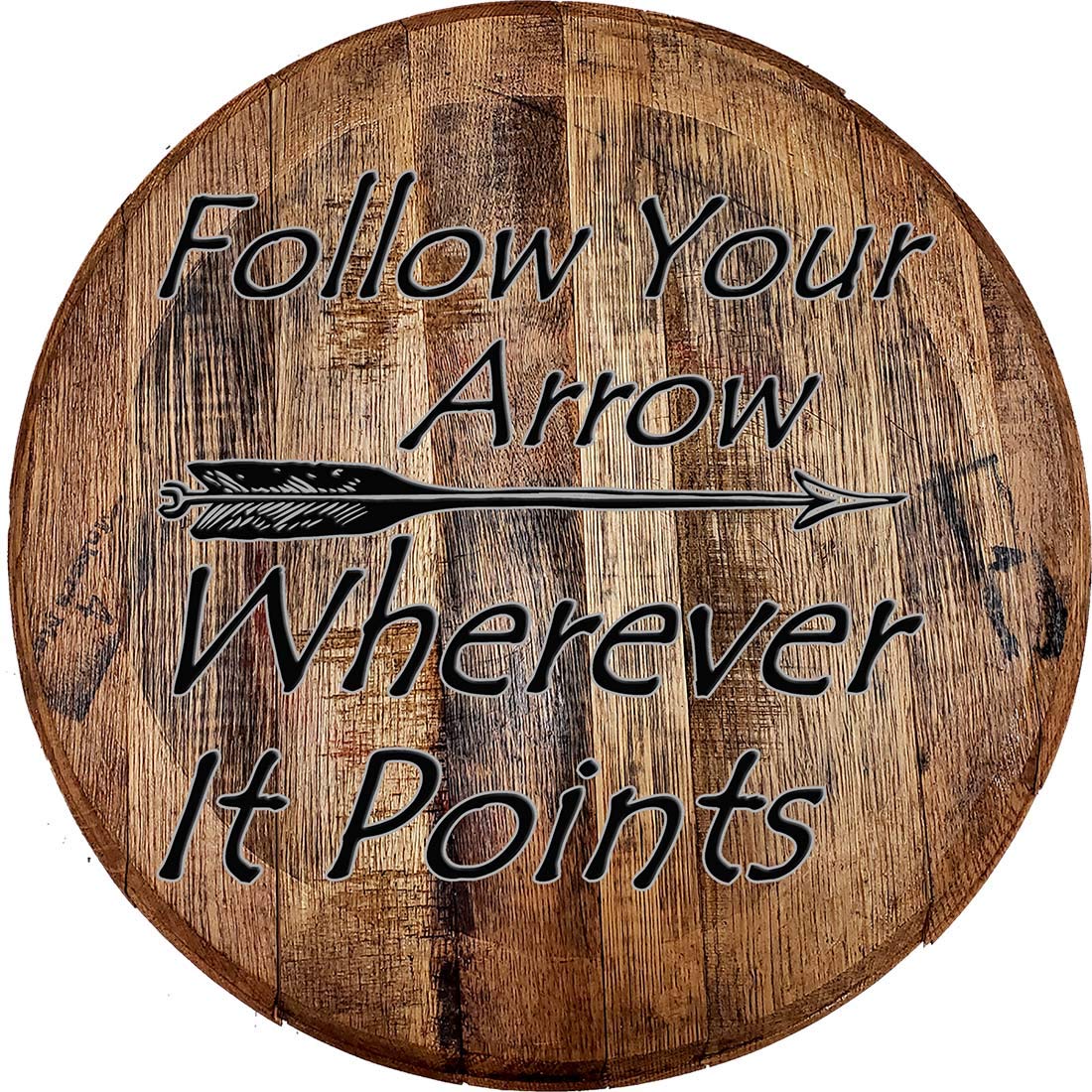 Whiskey Barrel Head Wood Wall Art - Follow Your Arrow Wherever It Points - Rustic Bar Sign & Man Cave Decor for Home, Office, or Pub - Perfect for Western & Vintage Style Room Decor